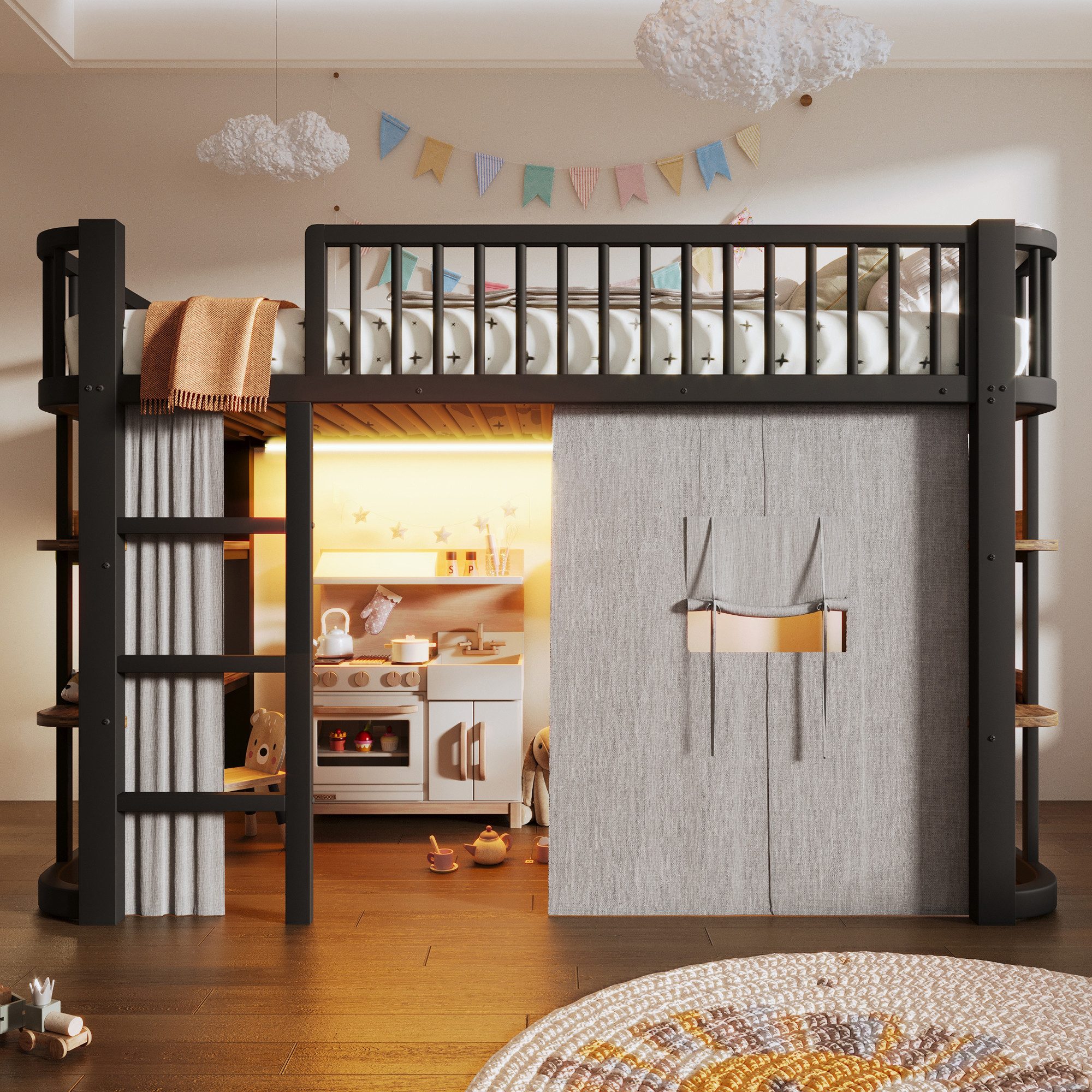 Merax Hochbett 90x200cm mit Verdunkelungsvorhängen und LED-Beleuchtung (1-St., Jugendbett Einzelbett) Metallbett Kinderbett mit Ablagefächern, Geländer, Stauraum unter Bett