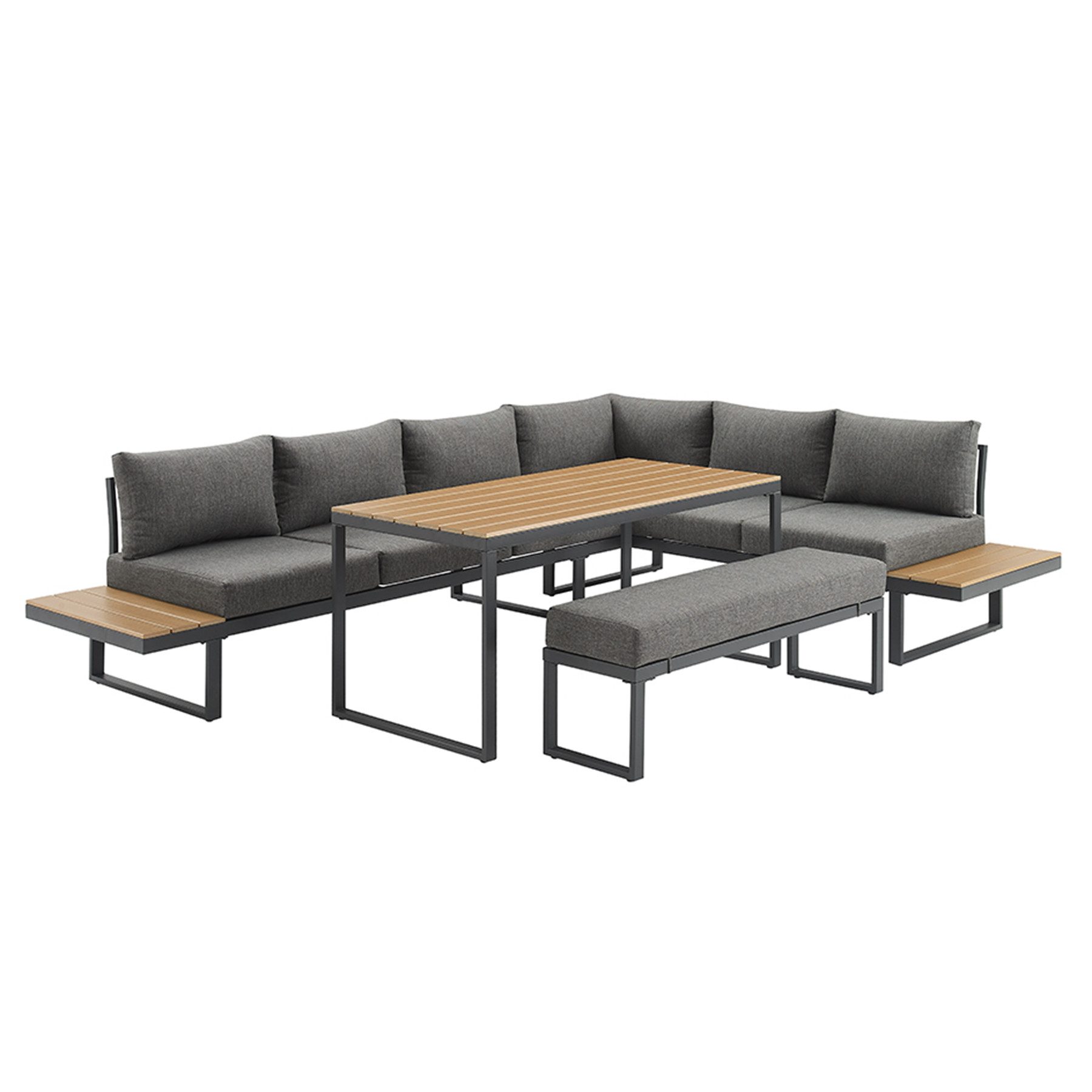 riess-ambiente Sitzgruppe IBIZA GRAND 280cm greige - Aluminium, mit Sitzpolstern, wetterfest, (Set, 3-tlg., Sitzecke, Bank, Tisch, 7x Sitzkissen, 7x Rückenkissen), Outdoorlounge inkl Kissen & Tisch - ideal f. Terrasse, Balkon & Garten