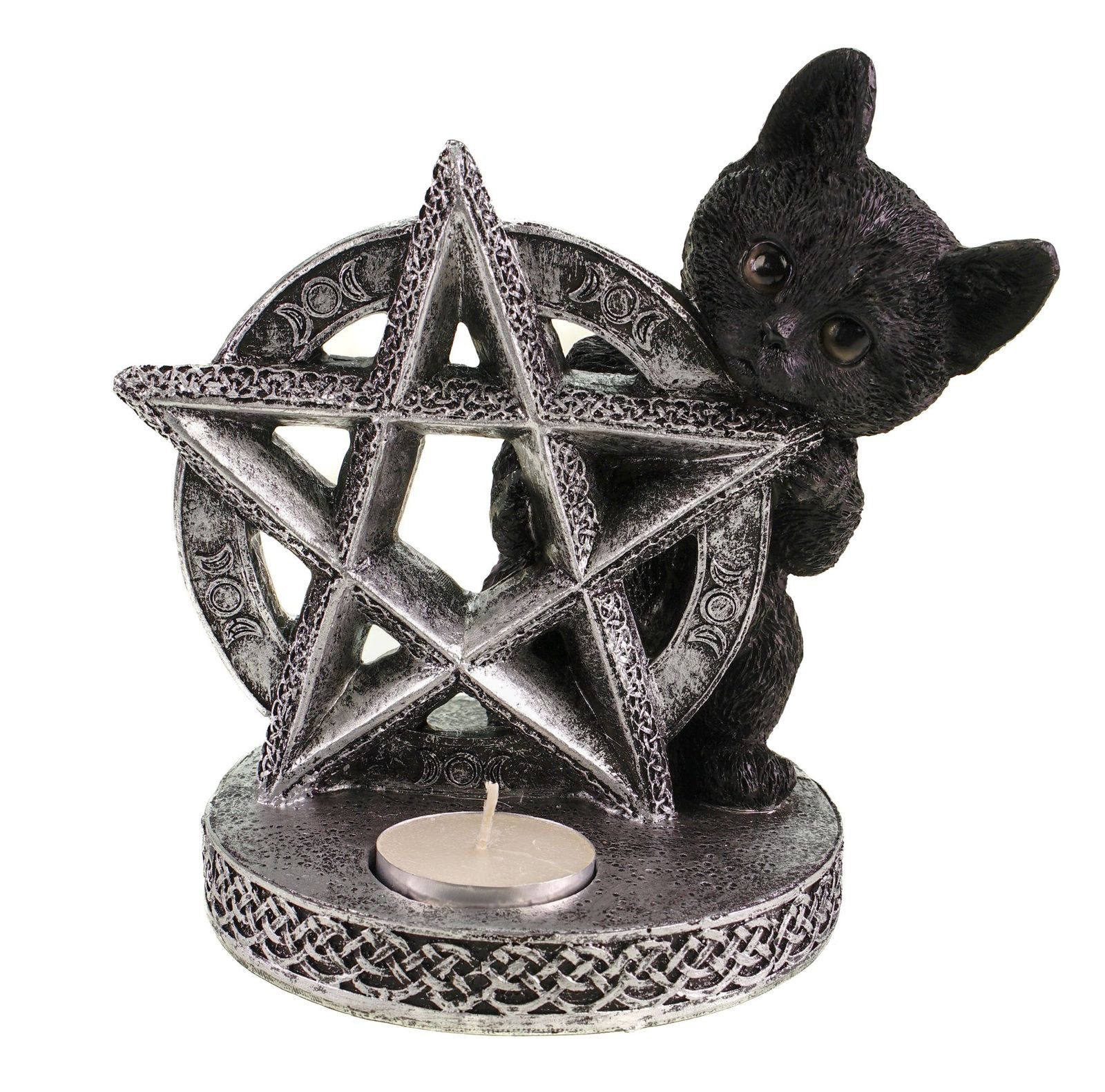 Kremers Schatzkiste Teelichthalter mit Tablett PentagrammTeelichthalter Mystische Katze 16cm Figur Dekoration Gothic