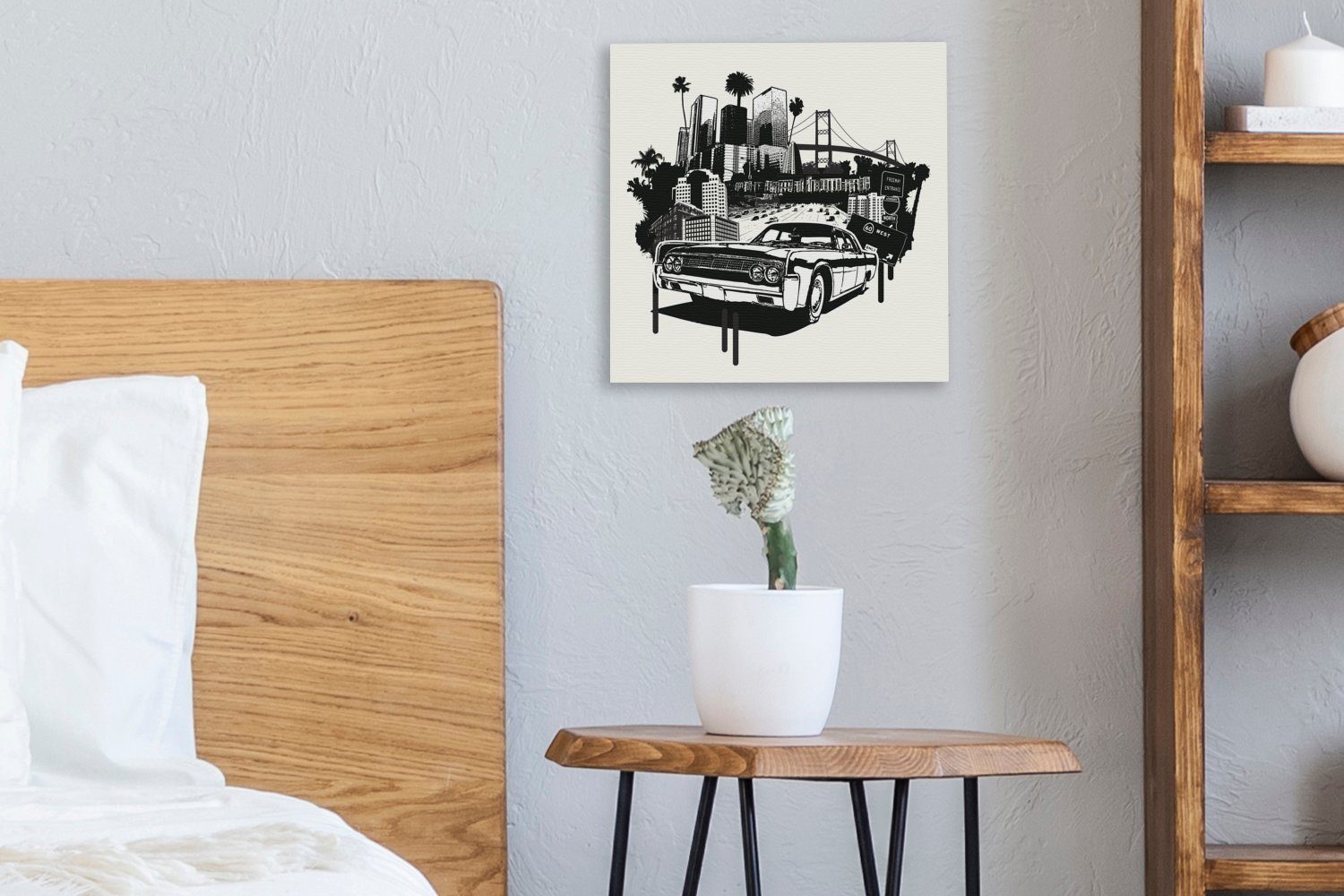OneMillionCanvasses® Leinwandbild Schlafzimmer Autos Wohnzimmer St), eines für (1 amerikanischen einer Leinwand Bilder Illustration vor Schwarz-weiß Skyline
