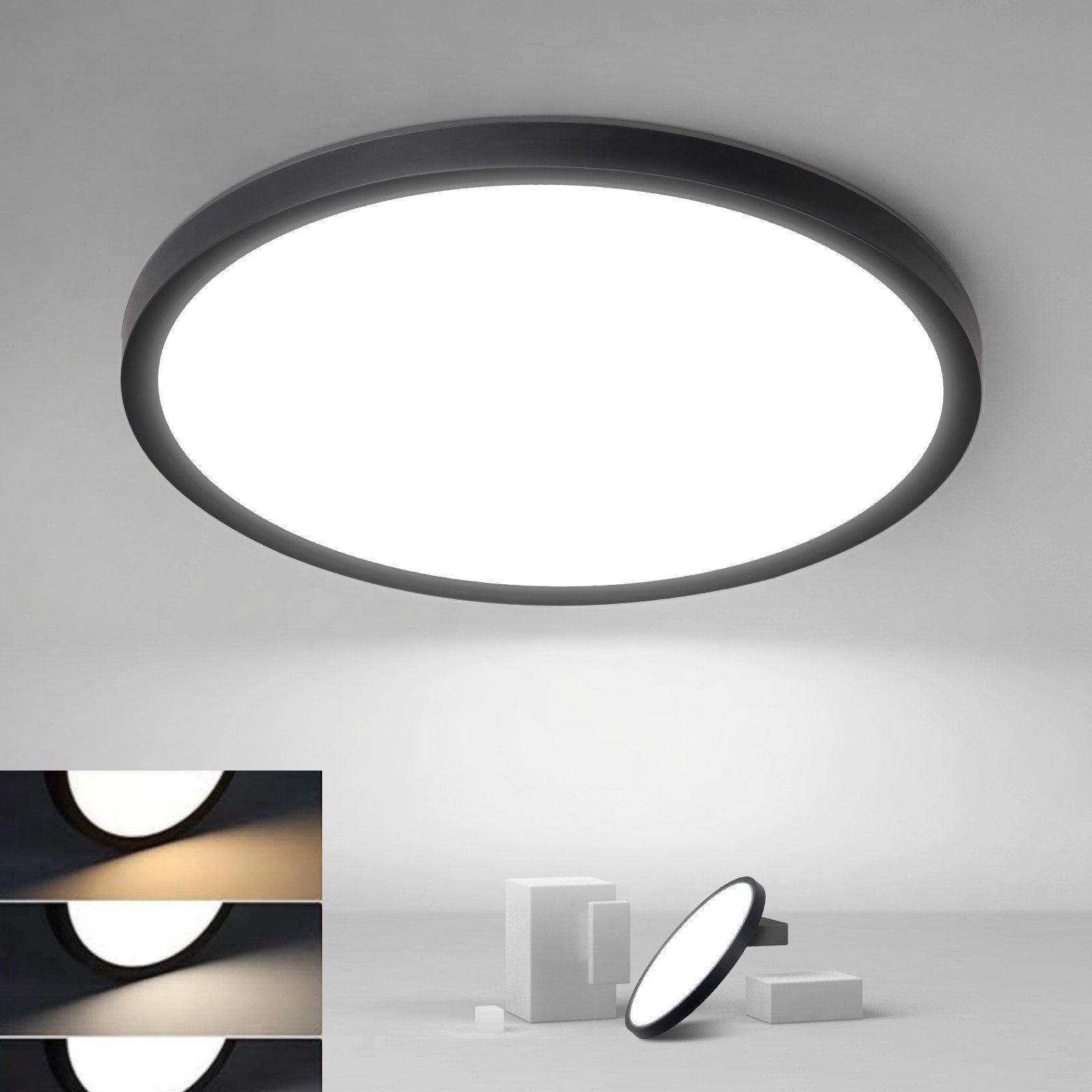 ZMH LED Deckenleuchte Whonzimmer ∅18CM Schwarz/Weiß Schlafzimmerlampe 15W für Küche Flur, Augenschutz, Einfache Installtion, LED fest integriert, 3000/4000/6500K, Dimmbar Flach Deckenlampe