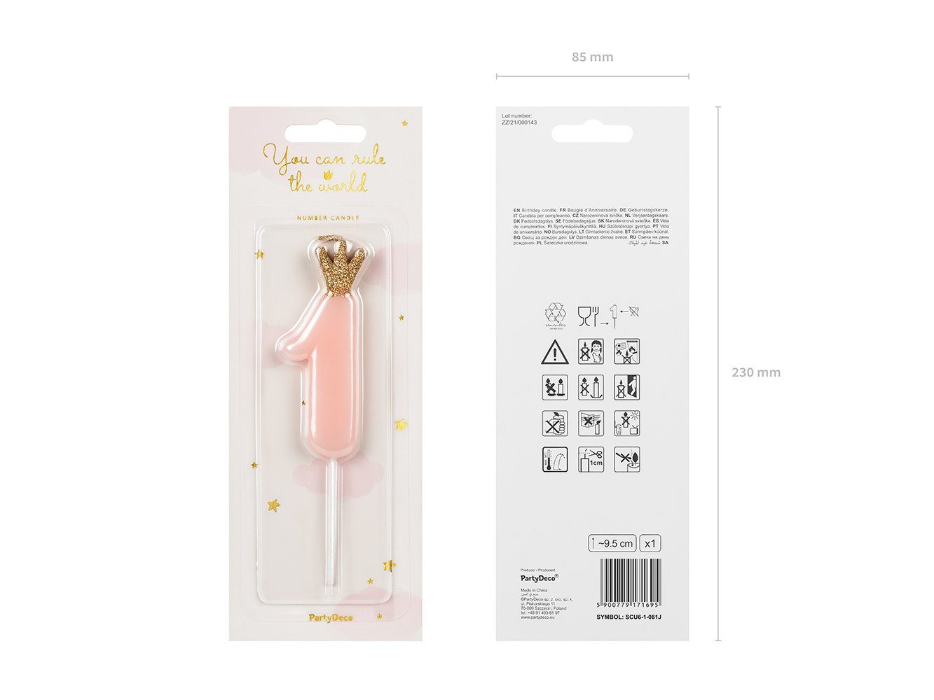 partydeco Geburtstagskerze, Geburtstagskerze Zahl 1 mit Glitzer Krone 9,5cm rosa