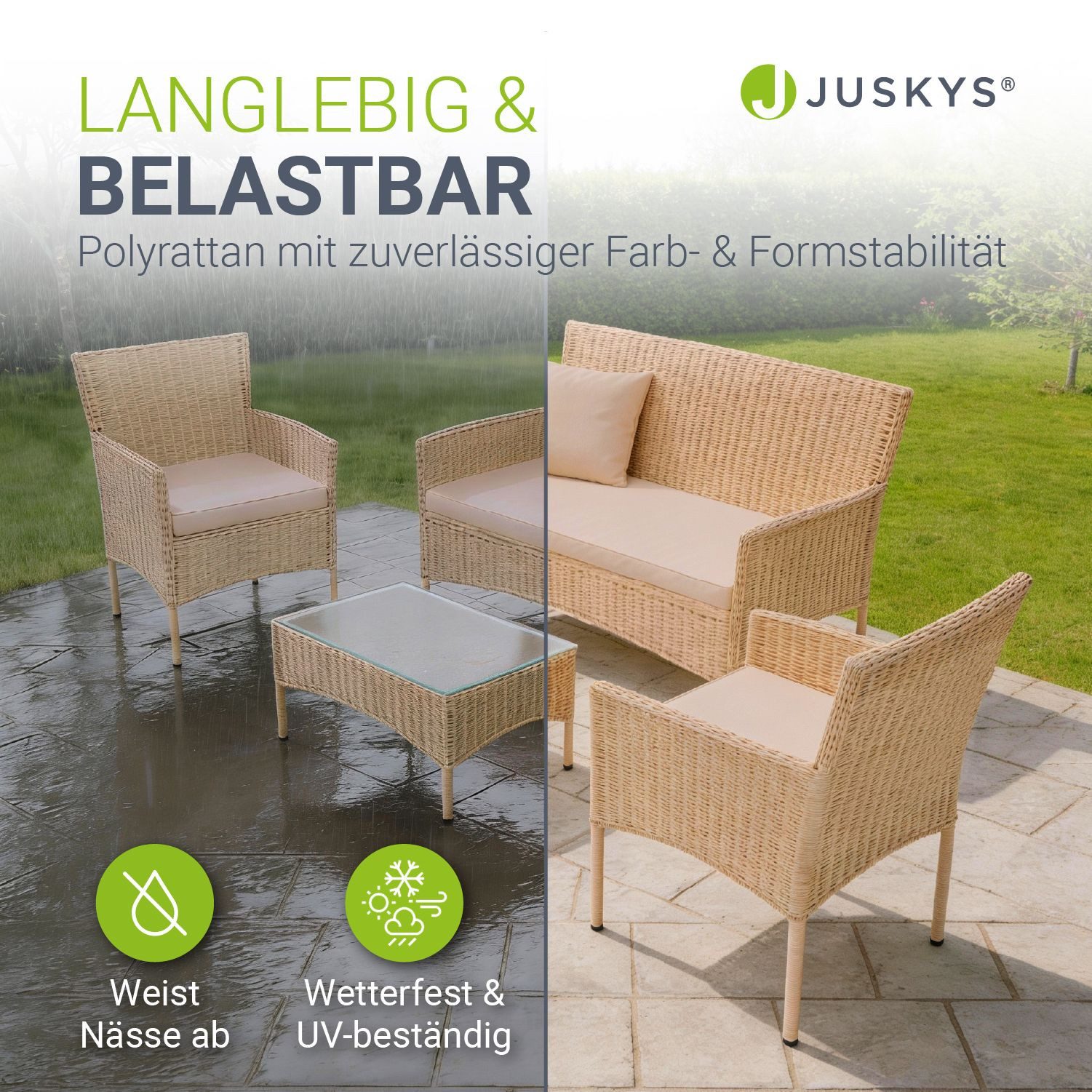 Juskys Gartenlounge-Set Fort Myers, wetterfeste Polyrattan Sitzgruppe für 4 Personen