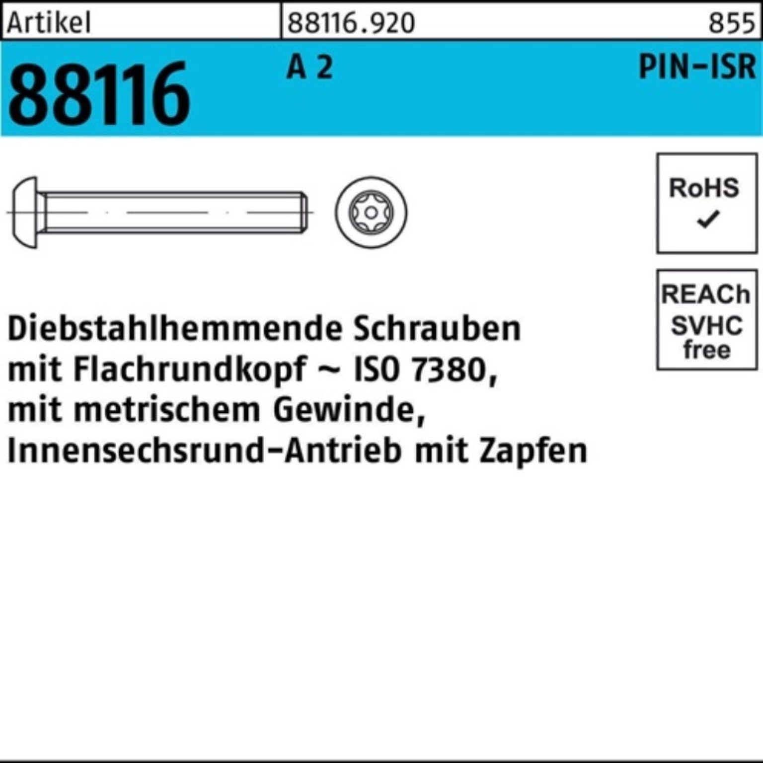 Reyher Schraube 100er Pack Schraube R 88116 diebstahlhemmend ISR Zapfen M8x 20-T40 A 2