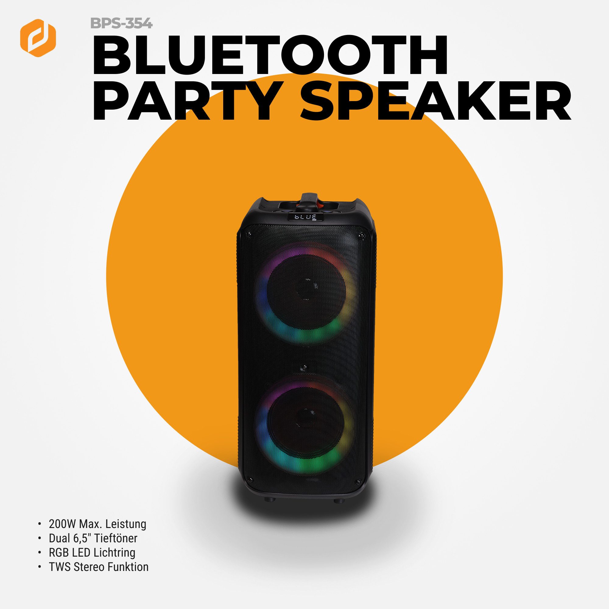 Denver BPS-354 Party-Lautsprecher 2.0 (Bluetooth, 20 W, LED-Ring um Woofer, TWS)