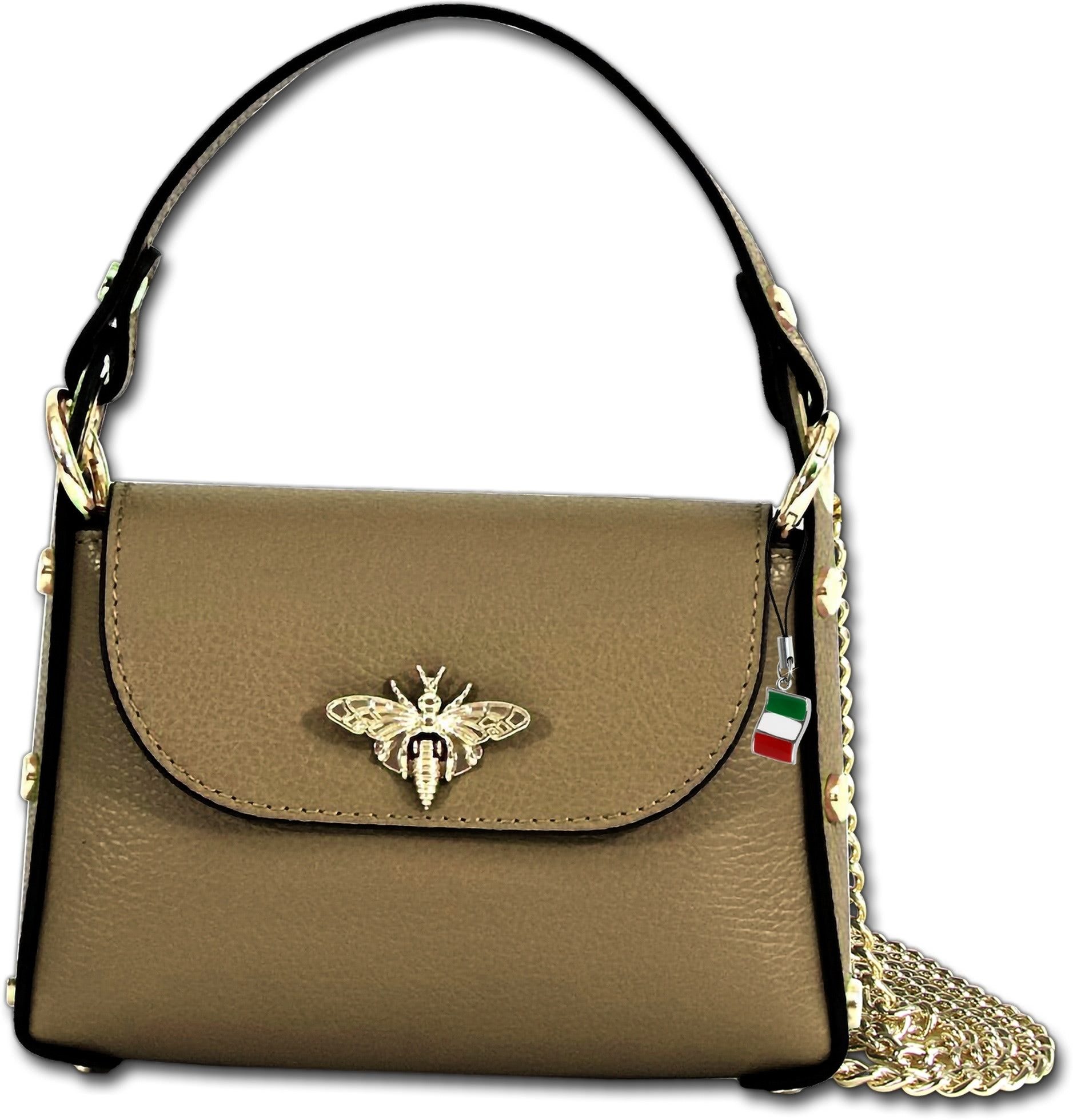 FLORENCE Umhängetasche graugrün dunkeltaupe Florence Tasche (Umhängetasche, Umhängetasche), Damen Tasche Echtes Leder bronze metallic, braun, Made-In Italy
