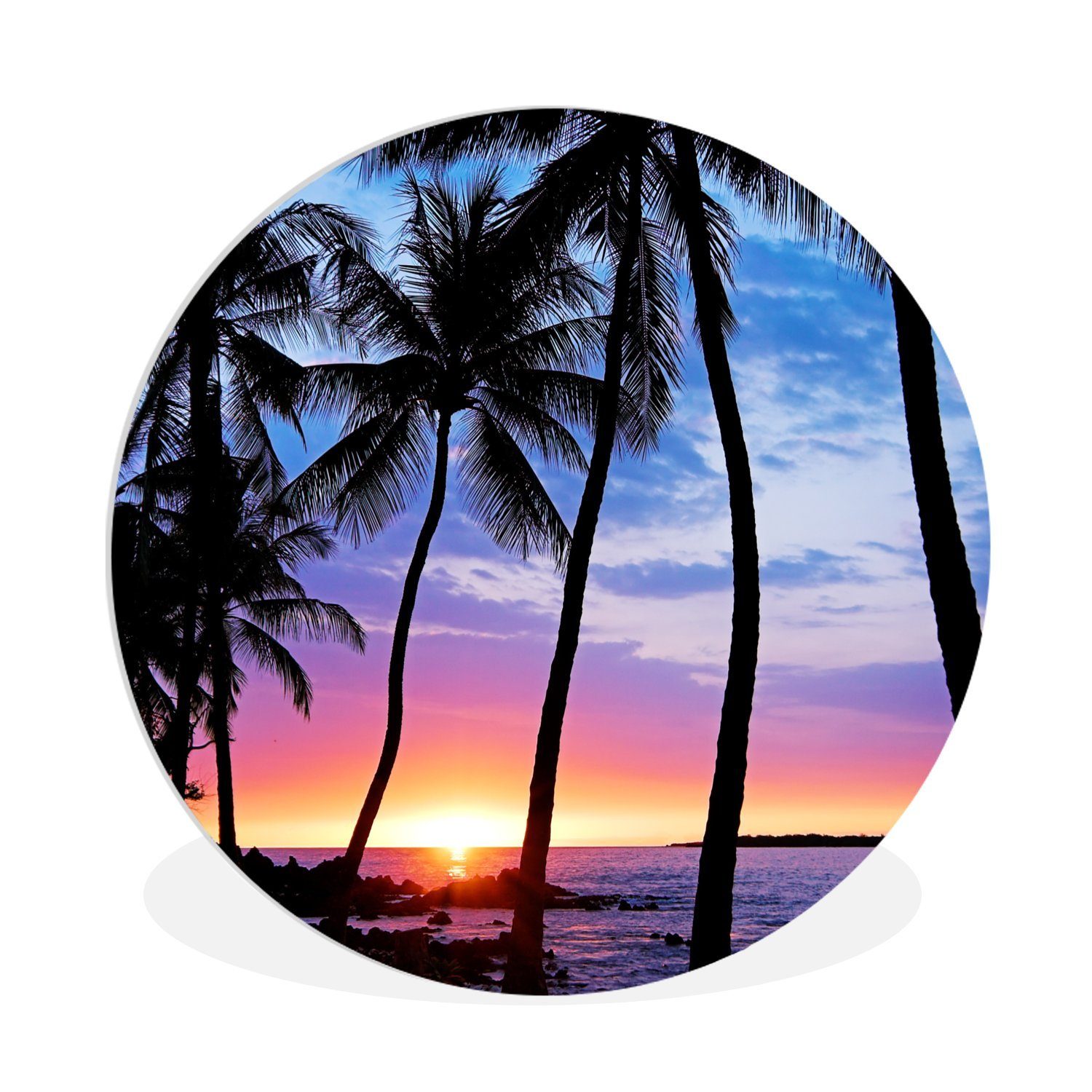 MuchoWow Gemälde Eine Silhouette von Palmen während eines Sonnenuntergangs auf Hawaii, (1 St), Kreis Wanddekoration Forex, Rundes Wandbild, Wohnzimmer, 30x30 cm | Gemälde