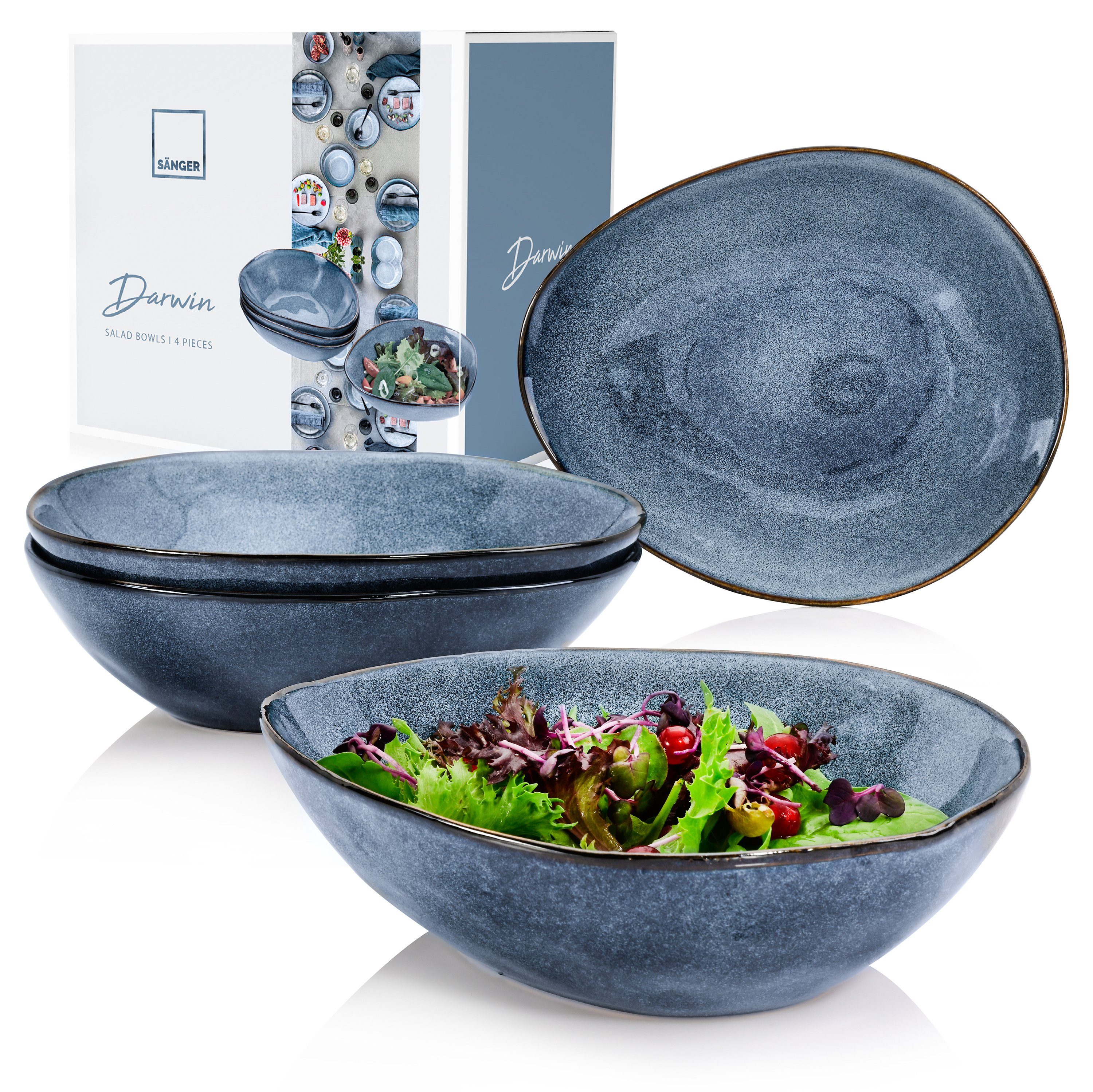 SÄNGER ml, 4-tlg), Set, Handmade, Darwin Salatschüssel Steingut, 750 (Set, Salatschalen Blau