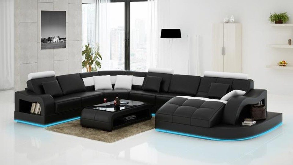 Xlmoebel Wohnlandschaft XLMOEBEL Ledersofa in Schwarz mit Bettfunktion und USB-Anschlüssen, Wohnlandschaft 4 Teile, Made in Europa