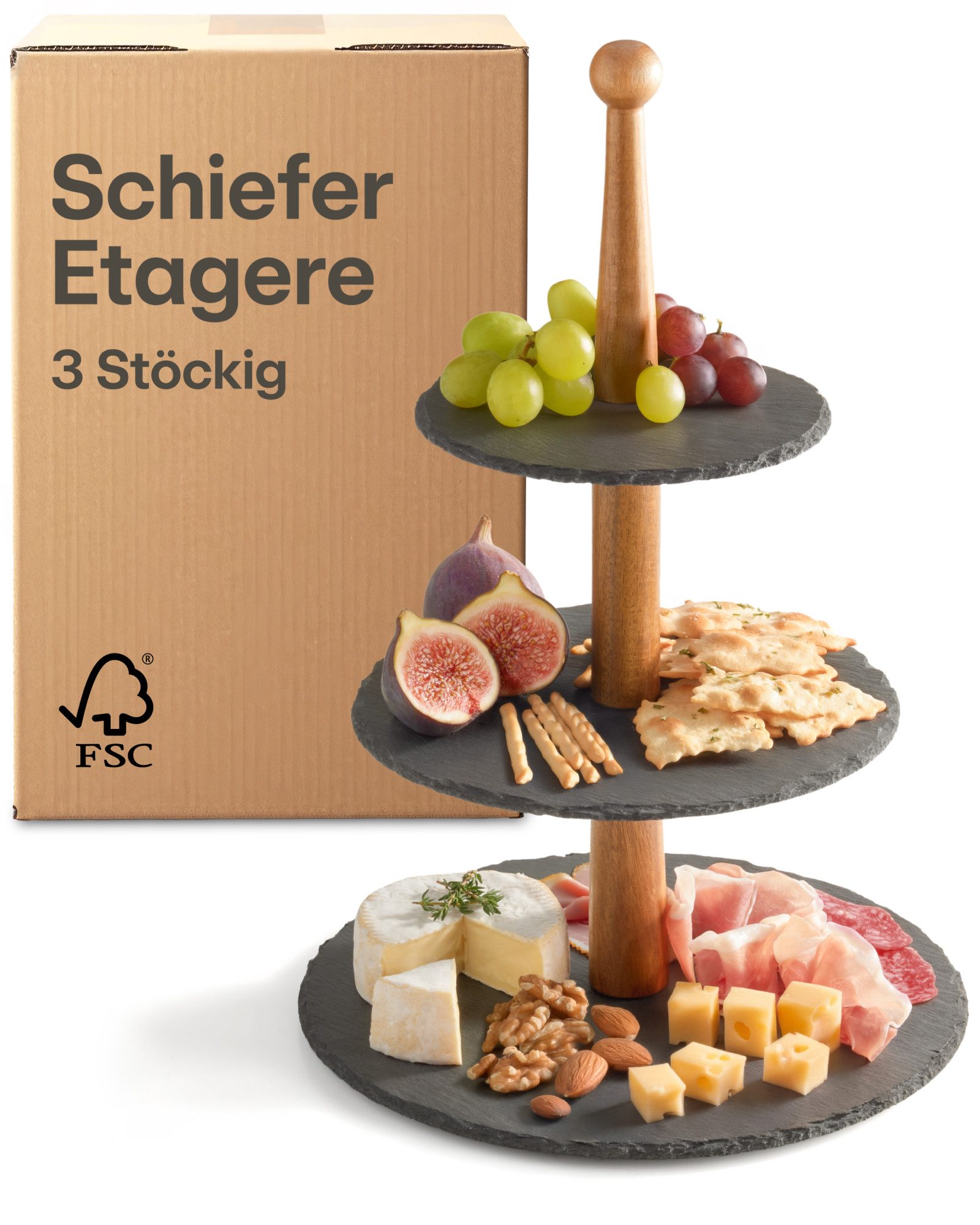 Praknu Etagere Schiefer Etagere 3 Stöckig - Akazienholz, Schiefer, (Packung, 1-tlg), Deko
