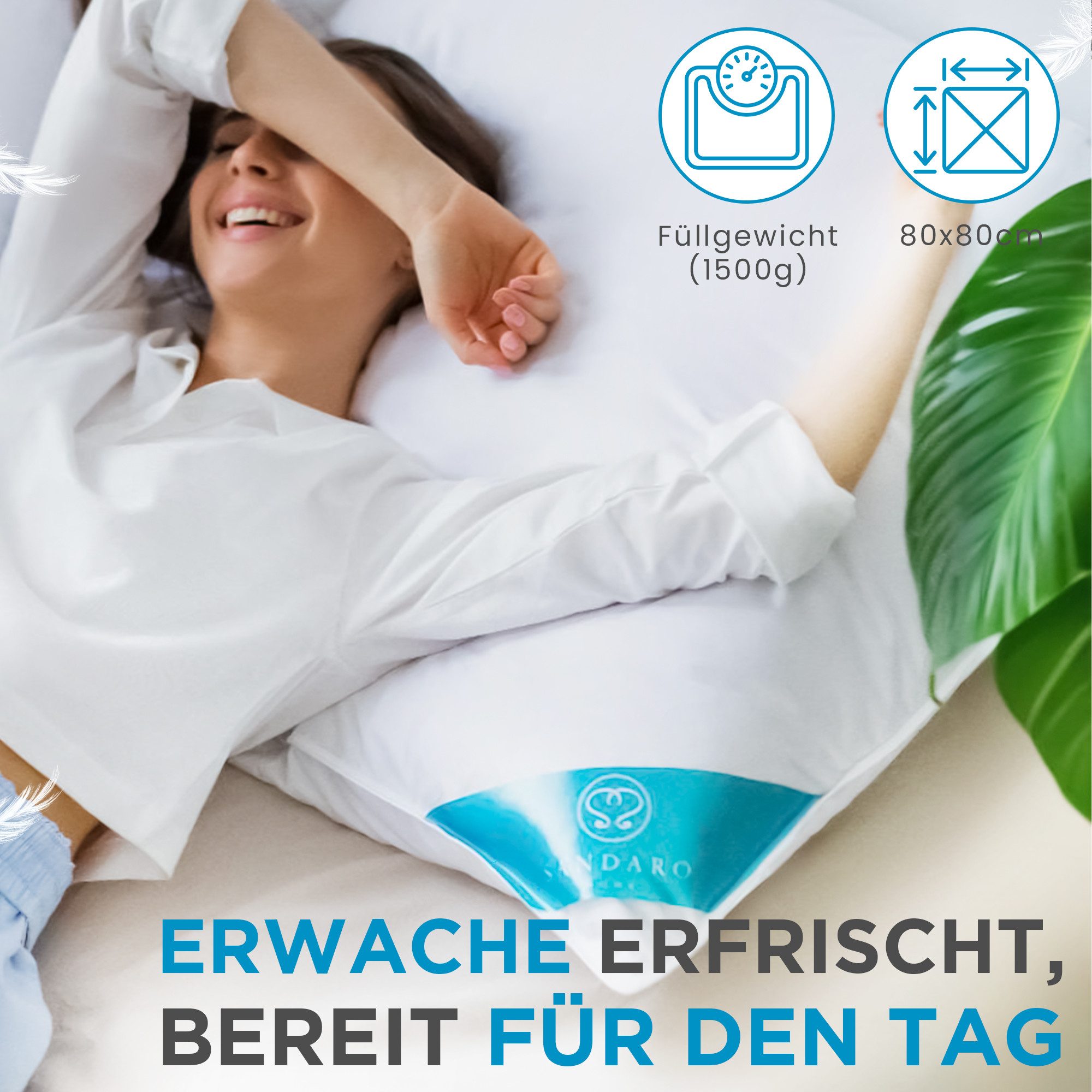 Sandaro Home Daunenkissen 1500 gr, DAUNENFEDERKISSEN, 80 x 80 cm, Füllung: 50% Daunen/ 50% Federn, Bezug: Baumwolle – Bild 3 von 5
