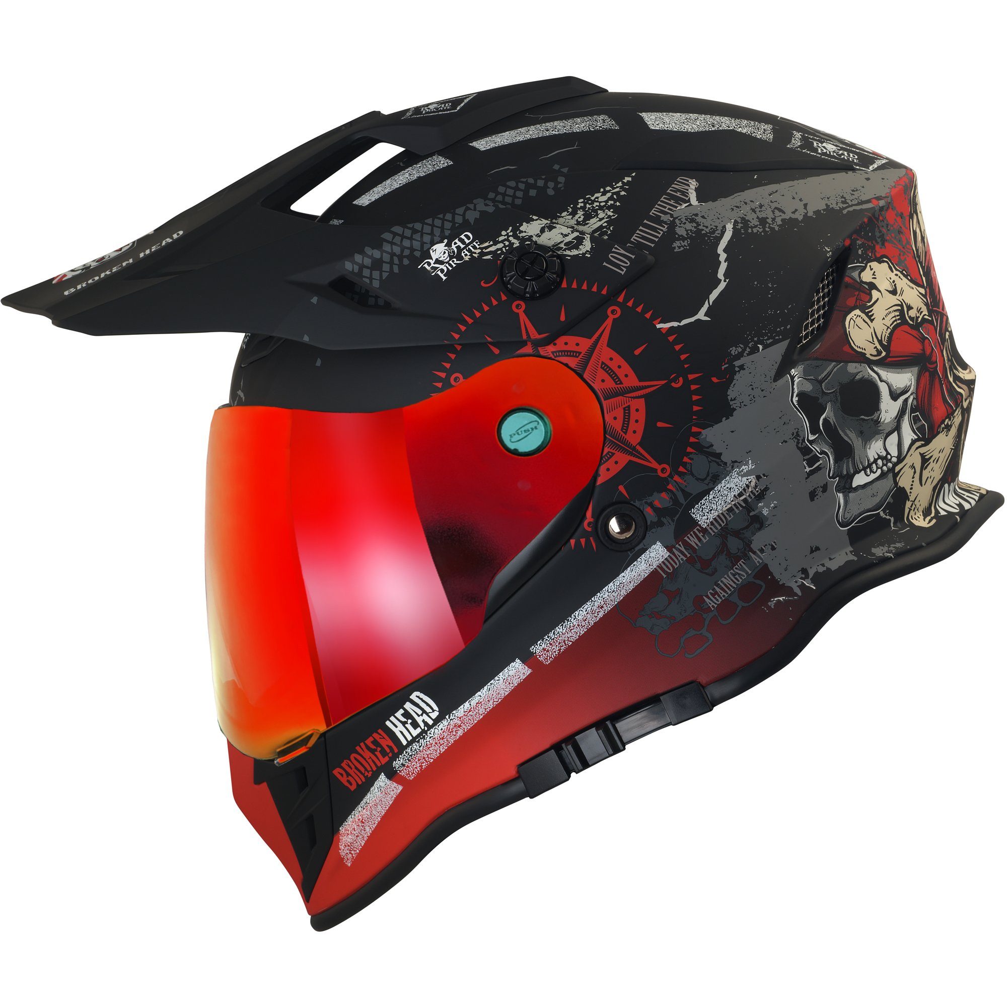 Broken Head Motorradhelm Road Pirate VX2 Rot - Endurohelm, inkl. Sonnenblende