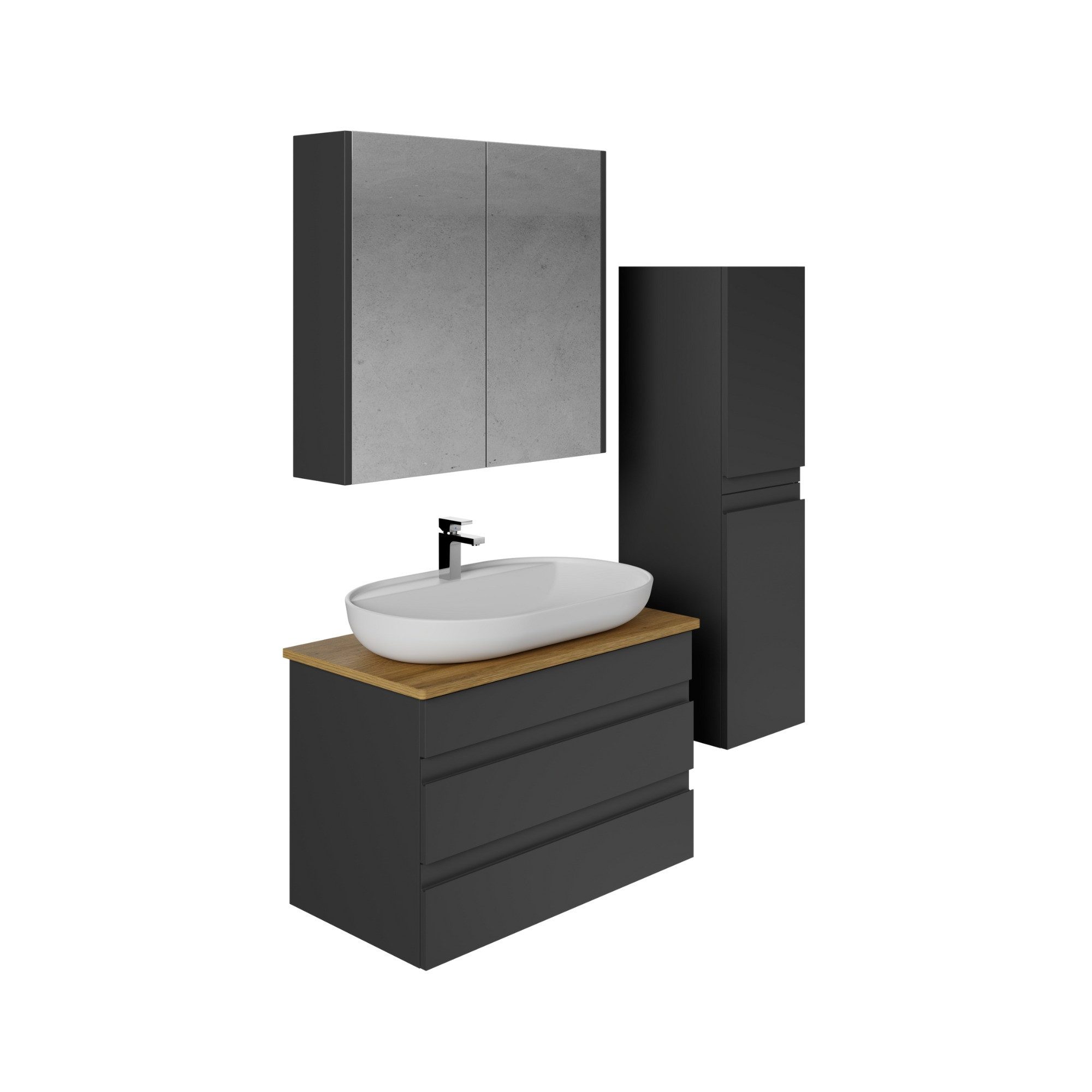 Karen Badmöbel-Set Badmöbel Set Lara Konsole, (Komplett-Set, Standartmäßig 4-Teilig (Unterschrank, Konsole, Waschbecken, Spiegelschrank), 4-St., Unterschrank mit Schubladen, Spiegelschrank mit Türen & Regalen), Minimalistisches Design, Matt-Beschichtung, Softclose, Griffleisten