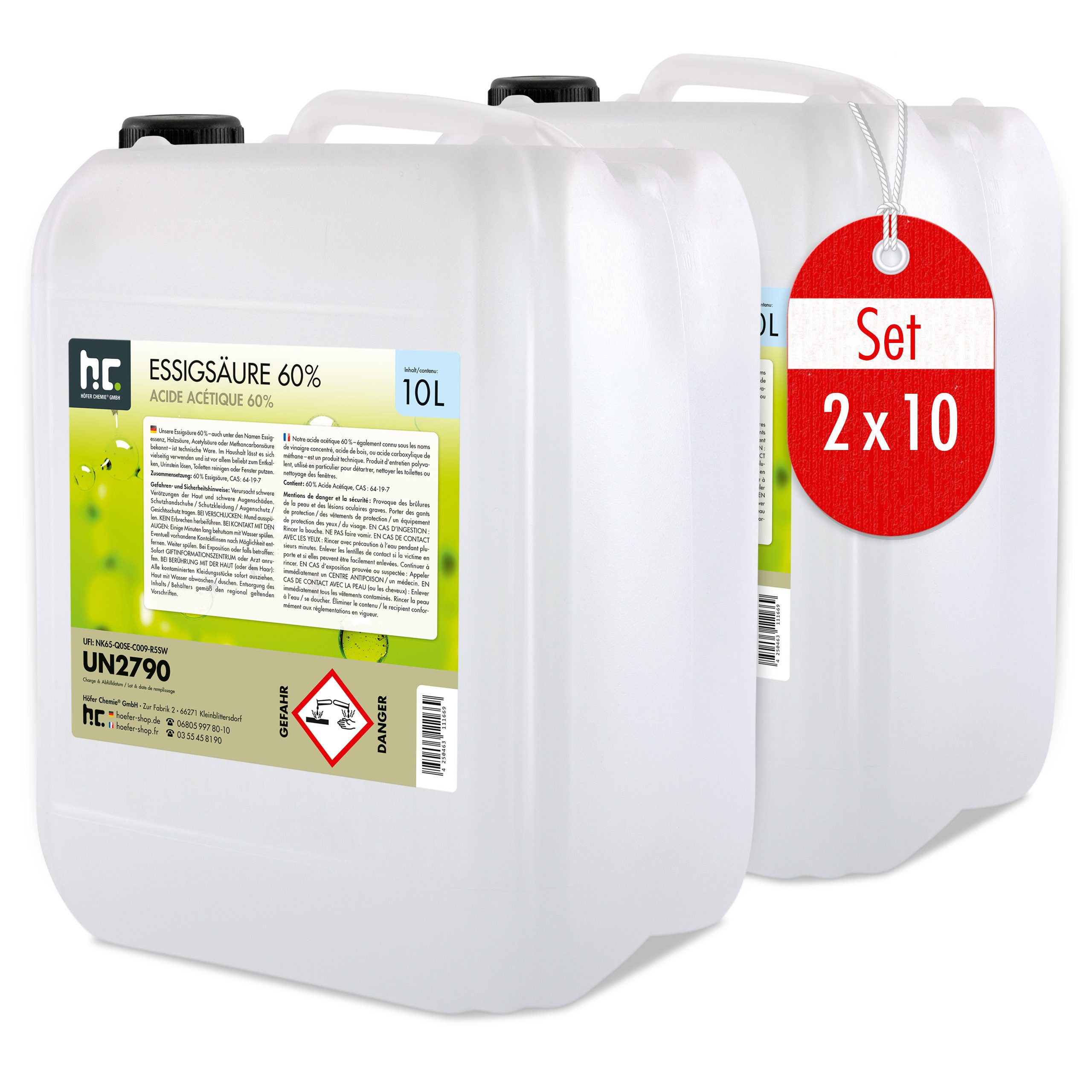 Höfer Chemie GmbH 2x 10 L Essigsäure 60% Grundreiniger (Effektiv gegen Kalk und vielseitig anwendbar)