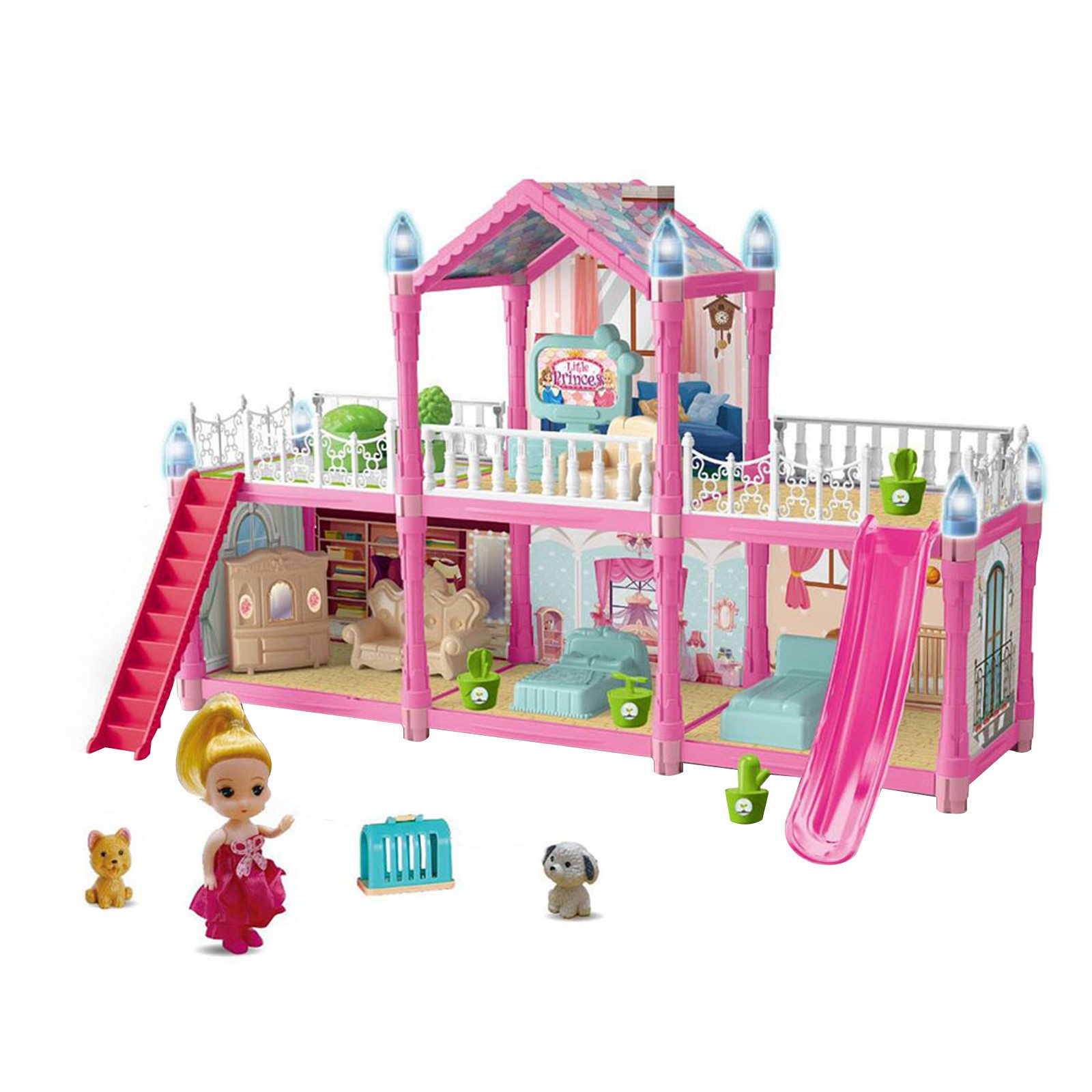 Prinzessin Puppenhaus 4 Etagen - 14 Zimmer Mit 4 Puppen & Möbeln