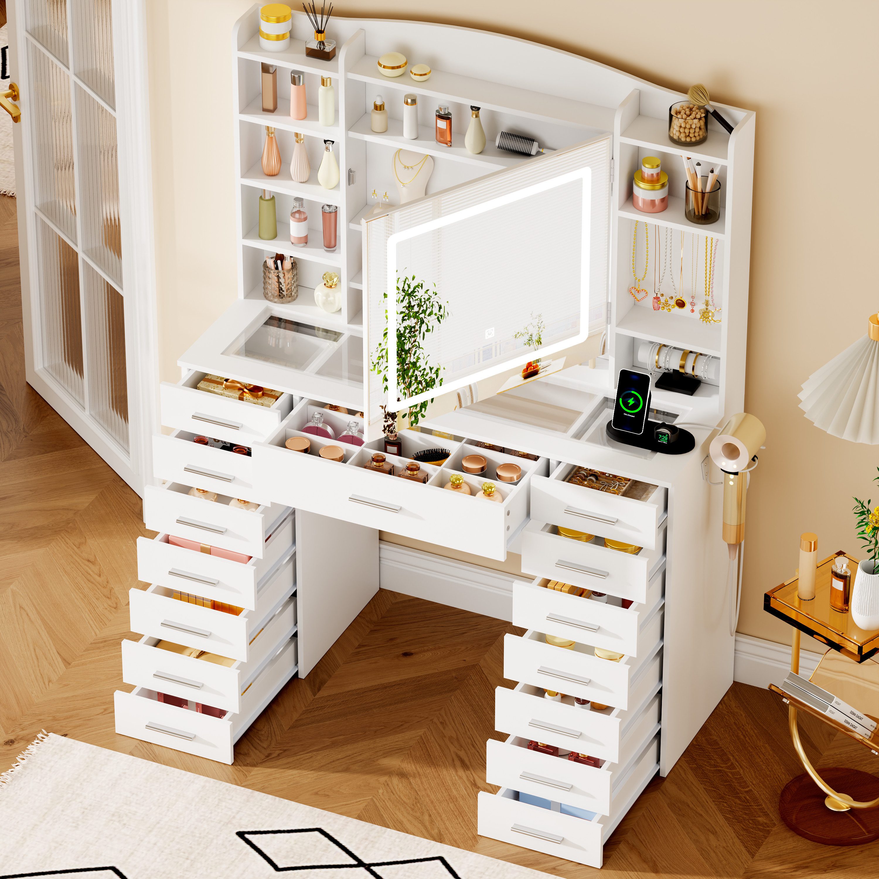 BEWISHOME Schminktisch mit beleuchtung, Steckdose und USB-Anschluss, schminktisch weiß, LED-Spiegel-Schminktisch mit Steckdosen & USB – praktisch & stilvoll