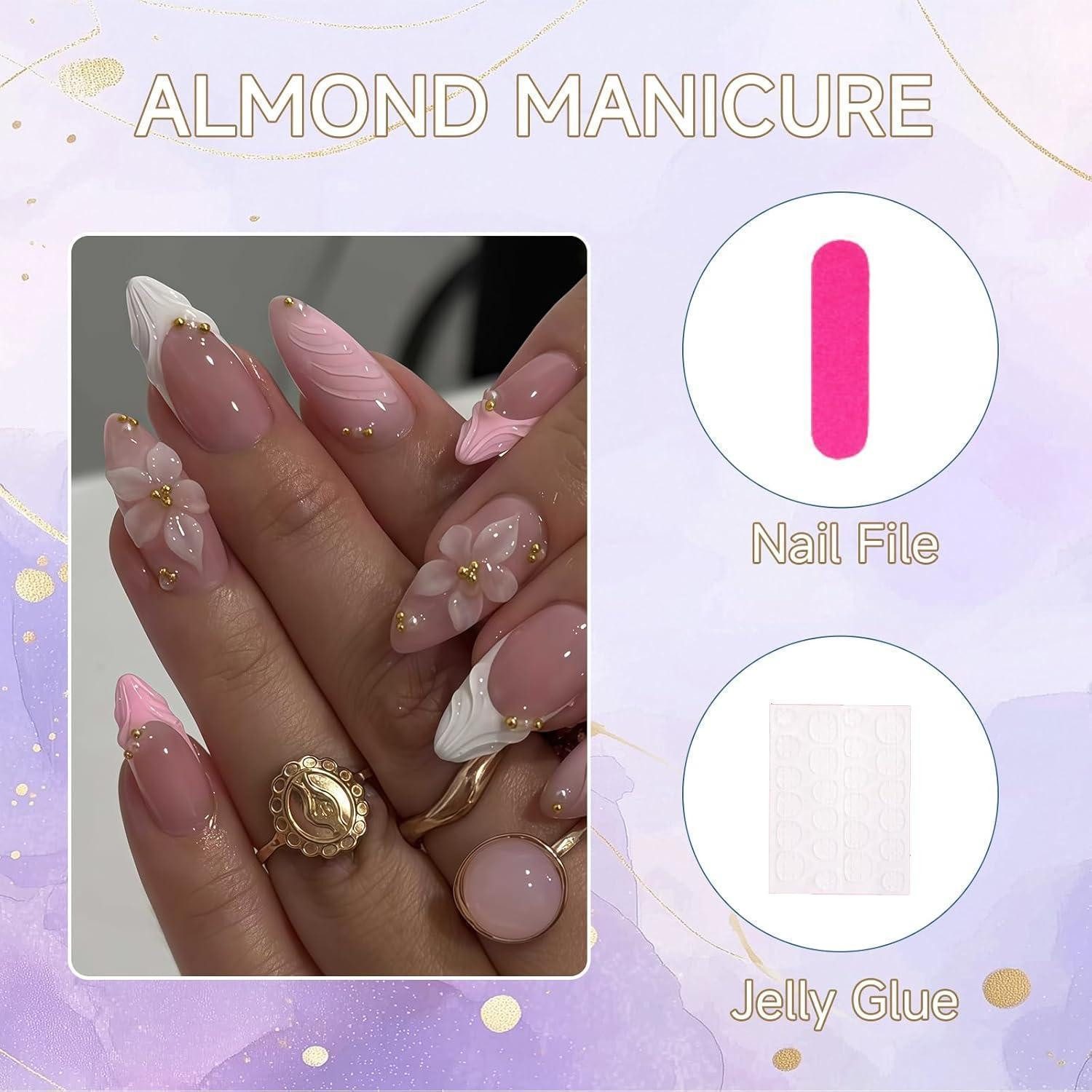 LuxusKollektion Kunstfingernägel Press On Nägel Mandel Pink French 3D Blumen Gold Glitzer style-10 – Bild 5 von 5
