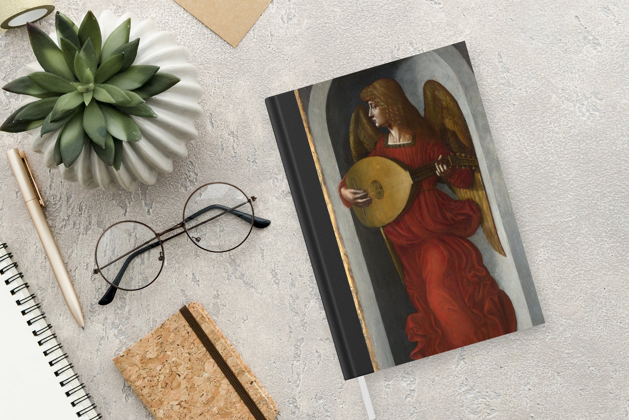 98 Notizbuch - da Merkzettel, Notizheft, Leonardo mit in MuchoWow einer Vinci, A5, Seiten, Journal, Haushaltsbuch Rot Ein Engel Laute Tagebuch,