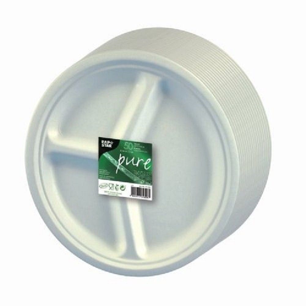 PAPSTAR GmbH Einwegteller 50 Teller Zuckerrohrteller Ø 26cm "pure" 3-geteilt - weiss