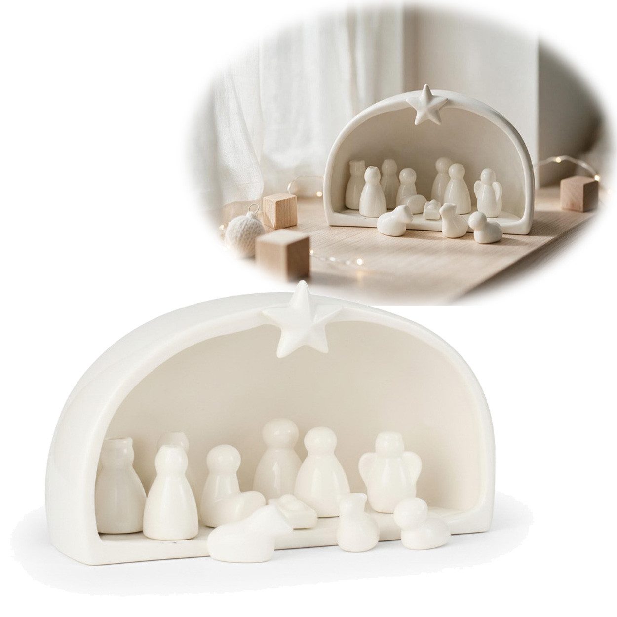 LS-LebenStil Krippe Porzellan Weihnachtskrippe Krippenfiguren Set 11 Figuren Krippenset Xm (12-tlg), Advent Dekoration Krippentiere Weihnachtsfiguren Krippenstall
