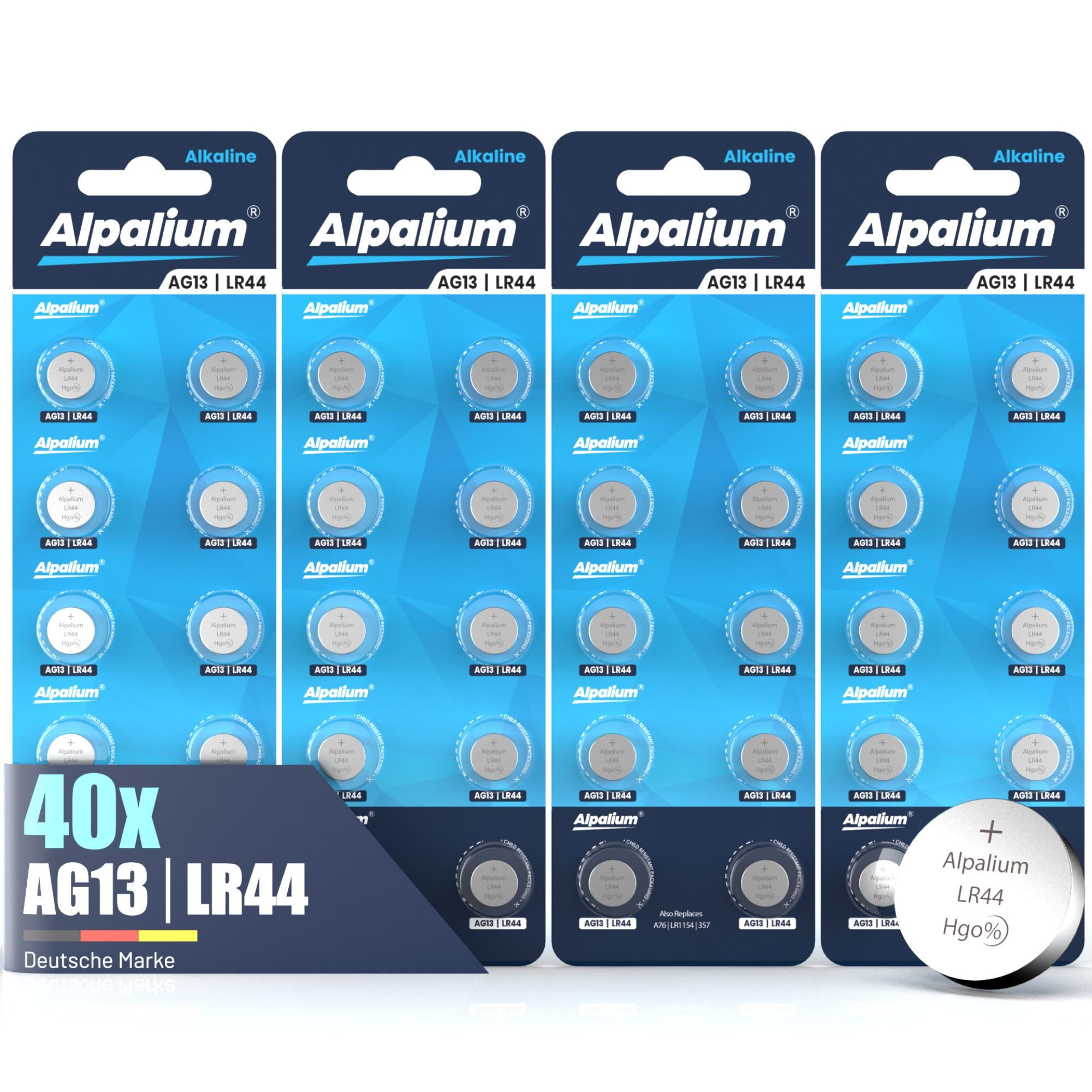 ALPALIUM AG13 LR44 Knopfzellen Batterien 40 Stück Alpalium Alkaline Knopfzelle, LR44 (1.5V V), lange Lagerfähigkeit, umweltfreundlich verpackt, Vorratspack