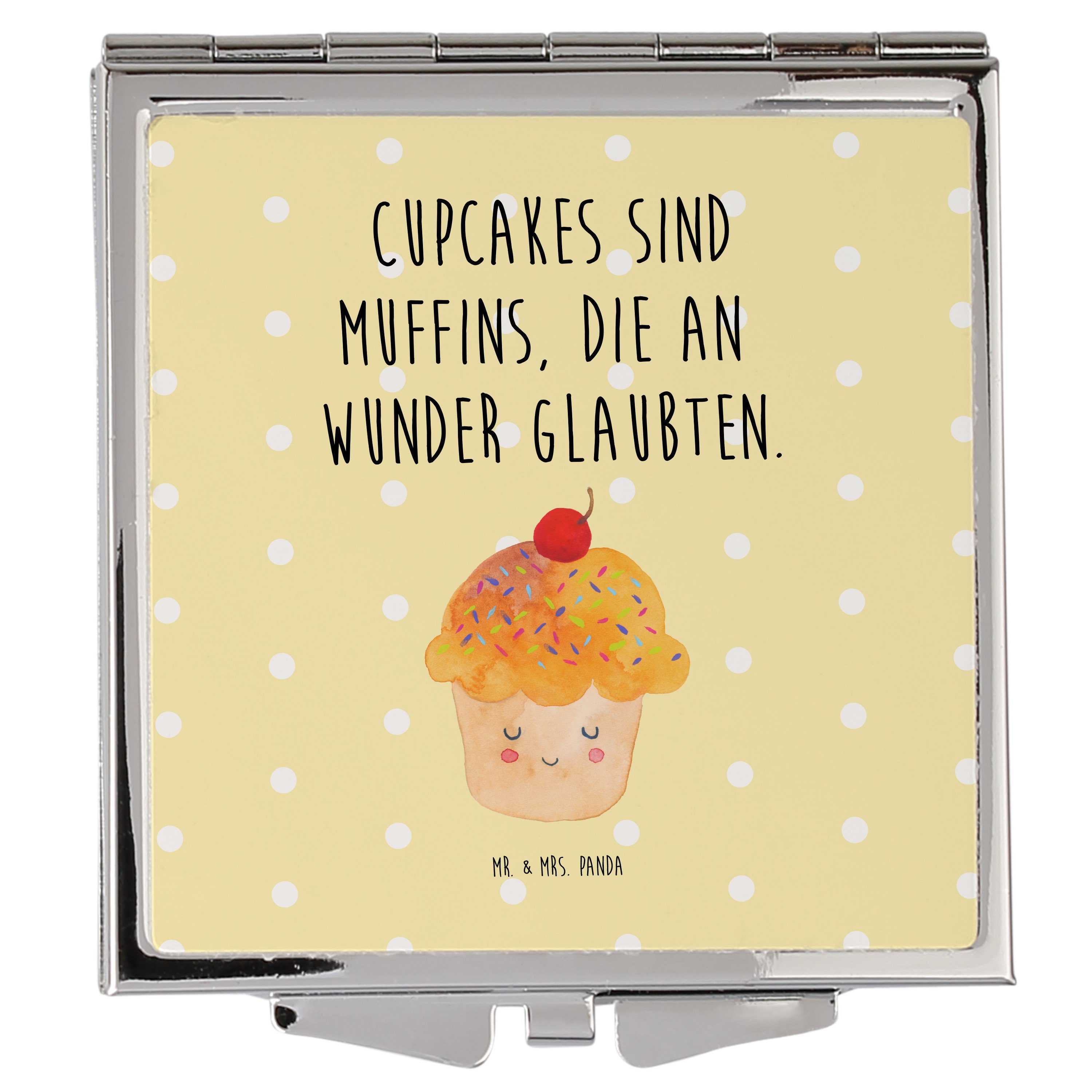 Mr. & Mrs. Panda Kosmetikspiegel Cupcake - Gelb Pastell - Geschenk, Quadrat, Küche Deko, lustige Sprüc (1-St)