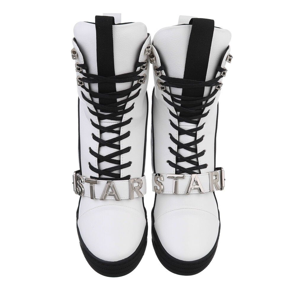 Ital-Design Damen Freizeit Schnürstiefelette Keilabsatz/Wedge High-Heel Stiefeletten in Weiß
