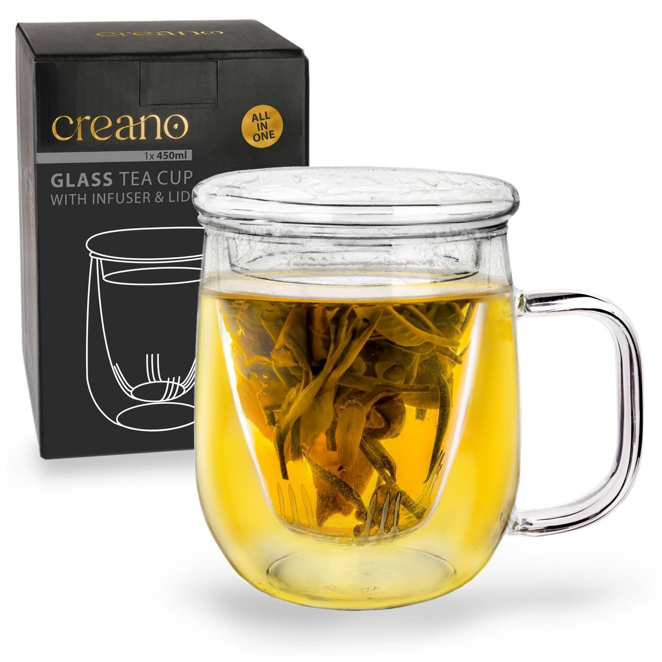 Creano Teeglas Creano Teeglas 450ml - mit Sieb und Deckel aus Glas