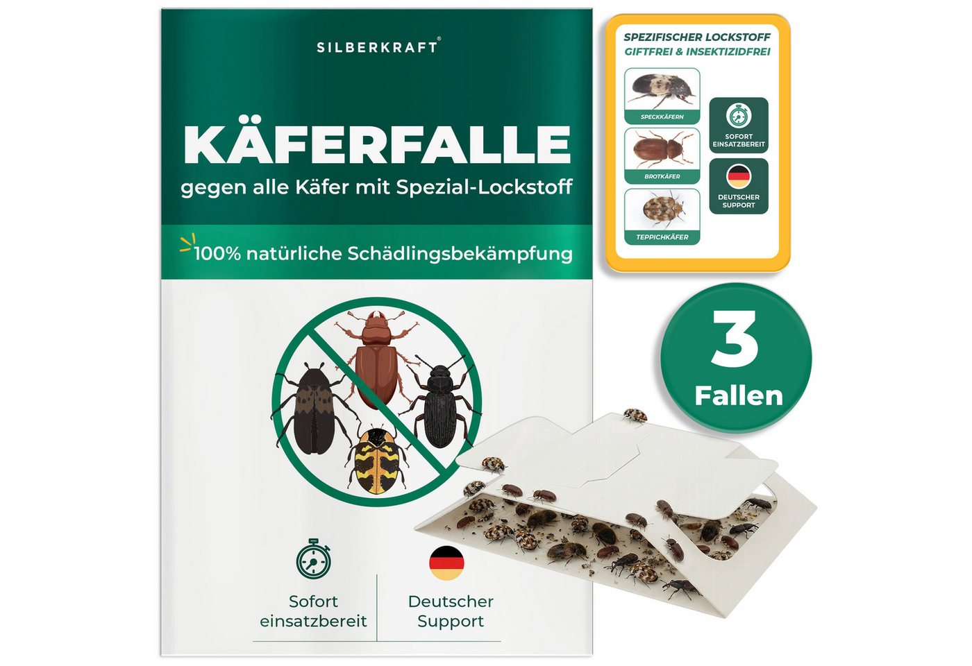 Silberkraft Insektenfalle Käferfalle gegen diverse Käfer – Universal-Klebefalle mit Lockstoff, Extrastarke Klebefläche, einfache Anwendung