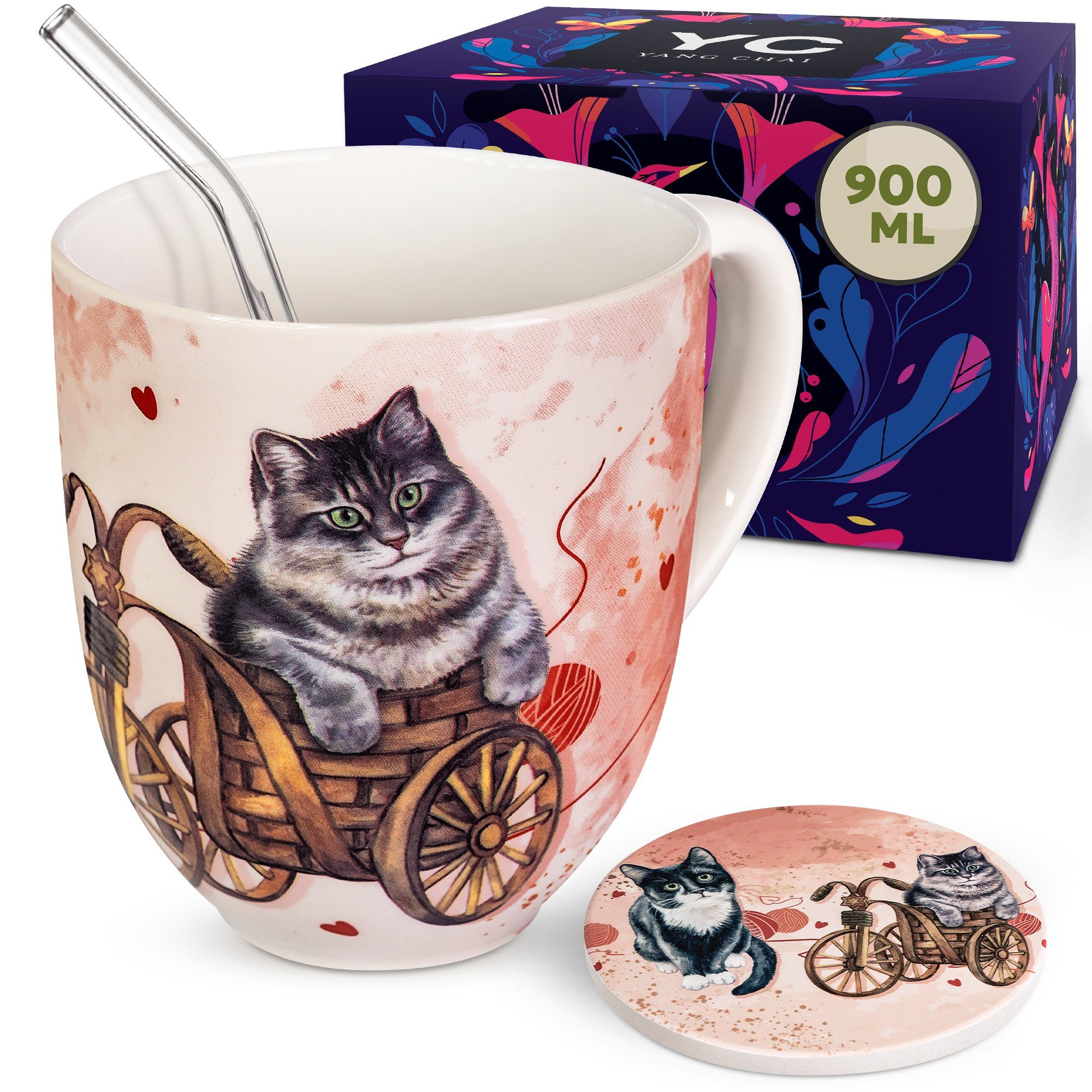 Yang Chai Tasse Jumbotasse 900ml - große Teetasse - XXL Tasse mit Untersetzer, Porzellan, 4-teiliges hochwertiges Geschenkset mit Katzen Motiv