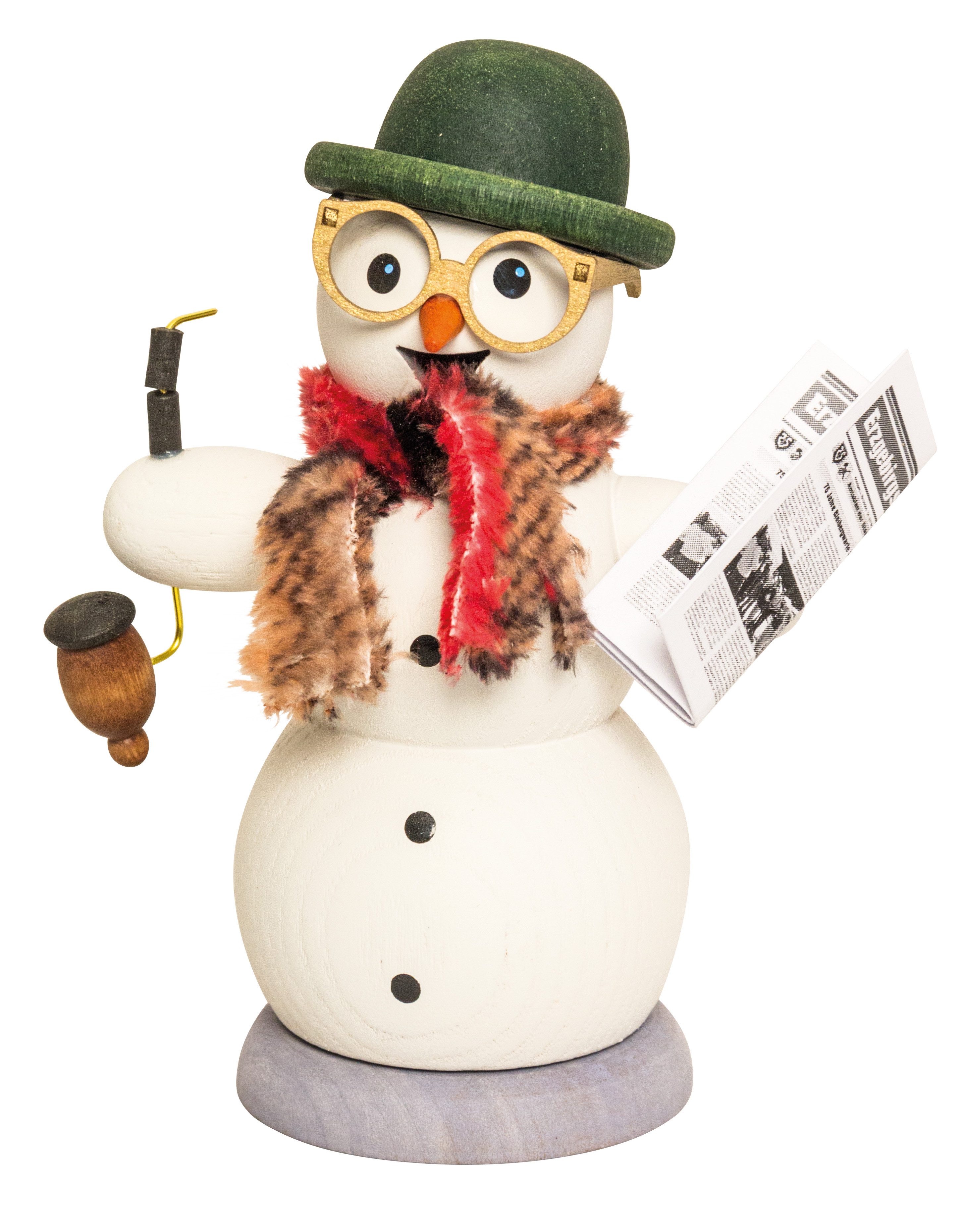 Kuhnert Räuchermännchen Schneemann mit Zeitung - ca. 13cm . aus Holz gefertigt, für Räucherkerzen der Größe M (Standard) - Made in Germany