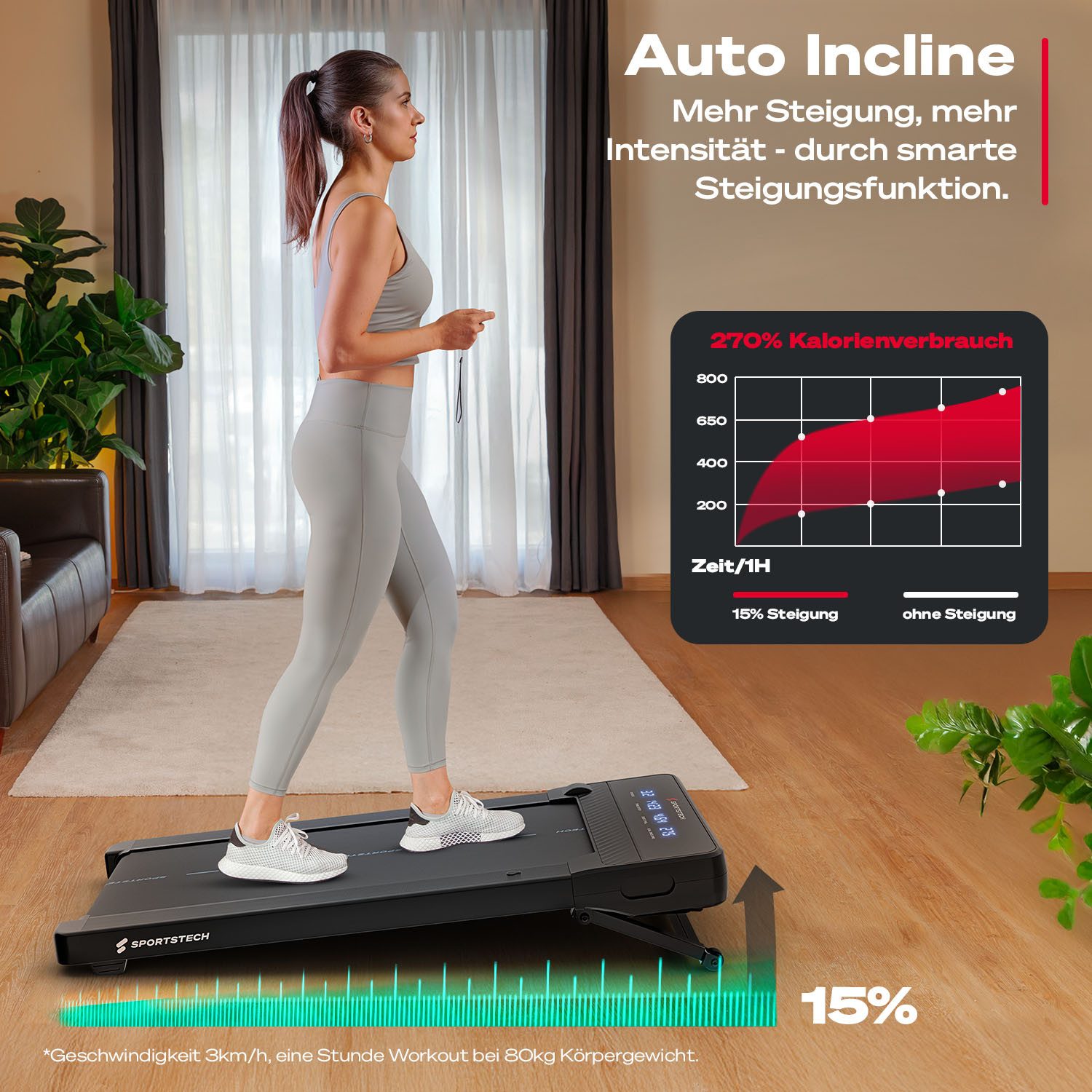 Sportstech Laufband sPad500 (mit Fernbedienung), Automatische Steigung, Laufband für Zuhause, LED-Display