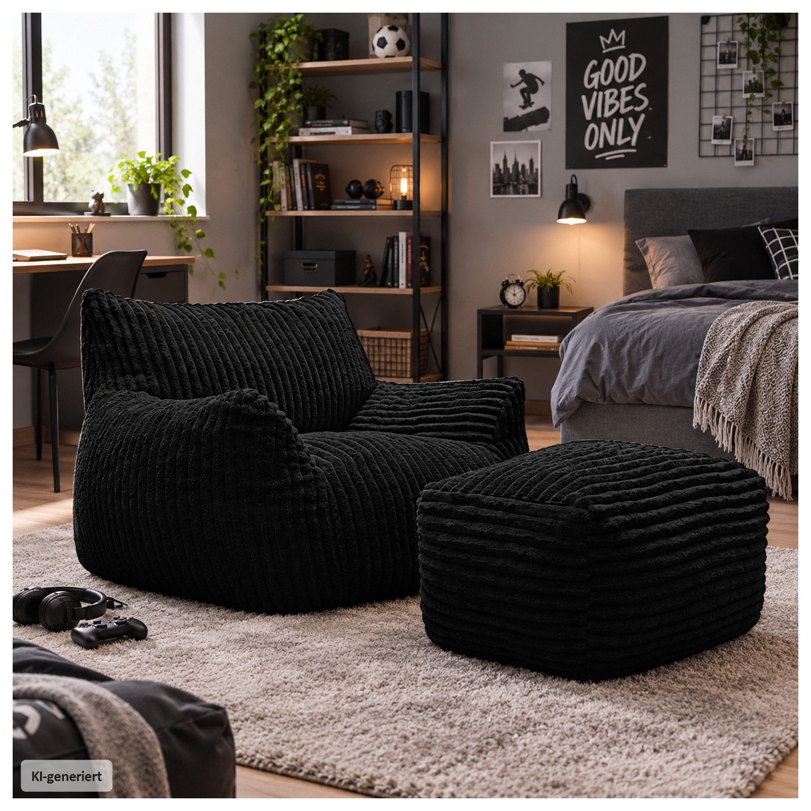 HTI-Living Loungesessel Softsessel Adina mit Hocker Schwarz Bodensessel 103 x 70 x 90 cm (Set, 2-St), gemütliche Sitzhöhe