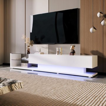 Odikalo TV-Schrank Lowboard Fernsehschrank hochglänzende Glastrennwand 16-LED Weiss/Natur