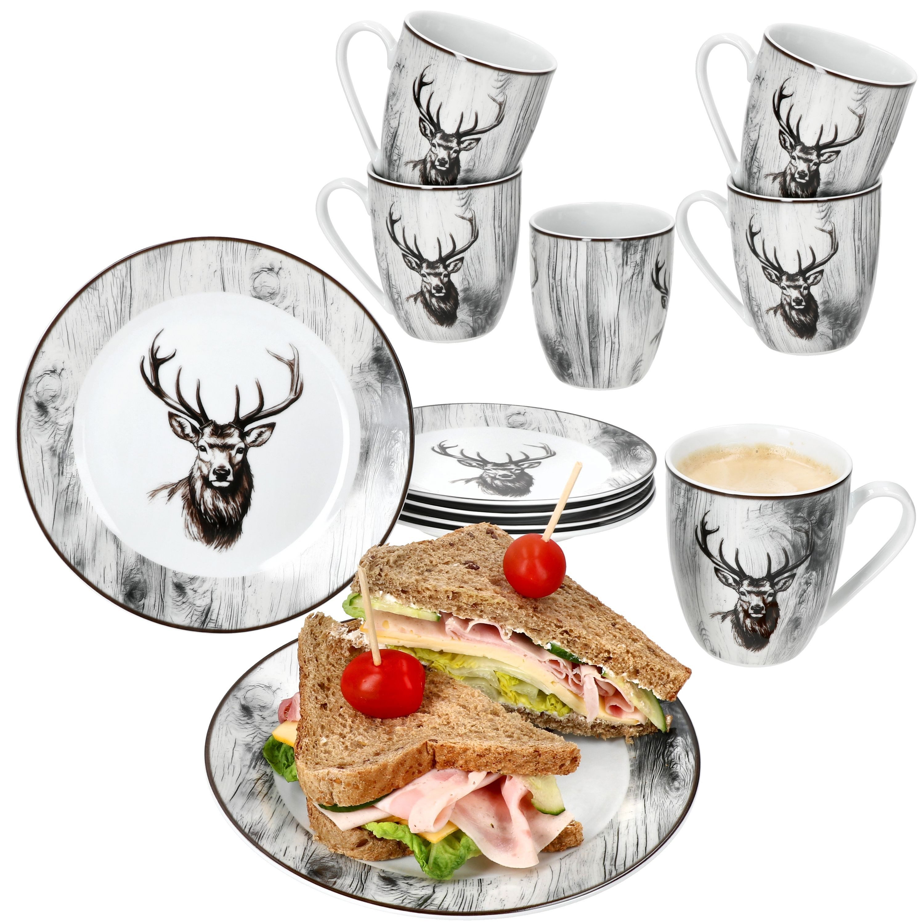 MamboCat Kaffeeservice MamboCat Alois 12tlg Frühstücksset Hirsch Kaffeebecher Teller Landhaus, Porzellan