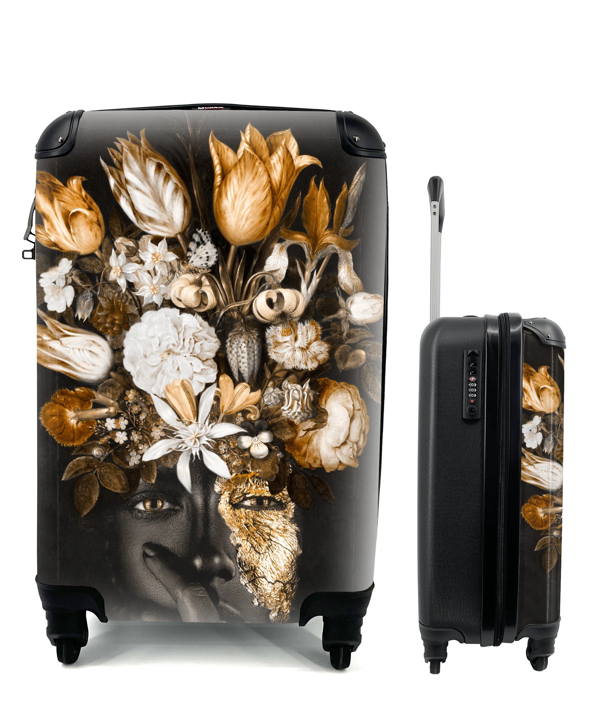 - Reisetasche MuchoWow Reisekoffer Trolley, 4 rollen, Rollen, Handgepäck Gold, Handgepäckkoffer - Blumen mit Frau für Ferien,