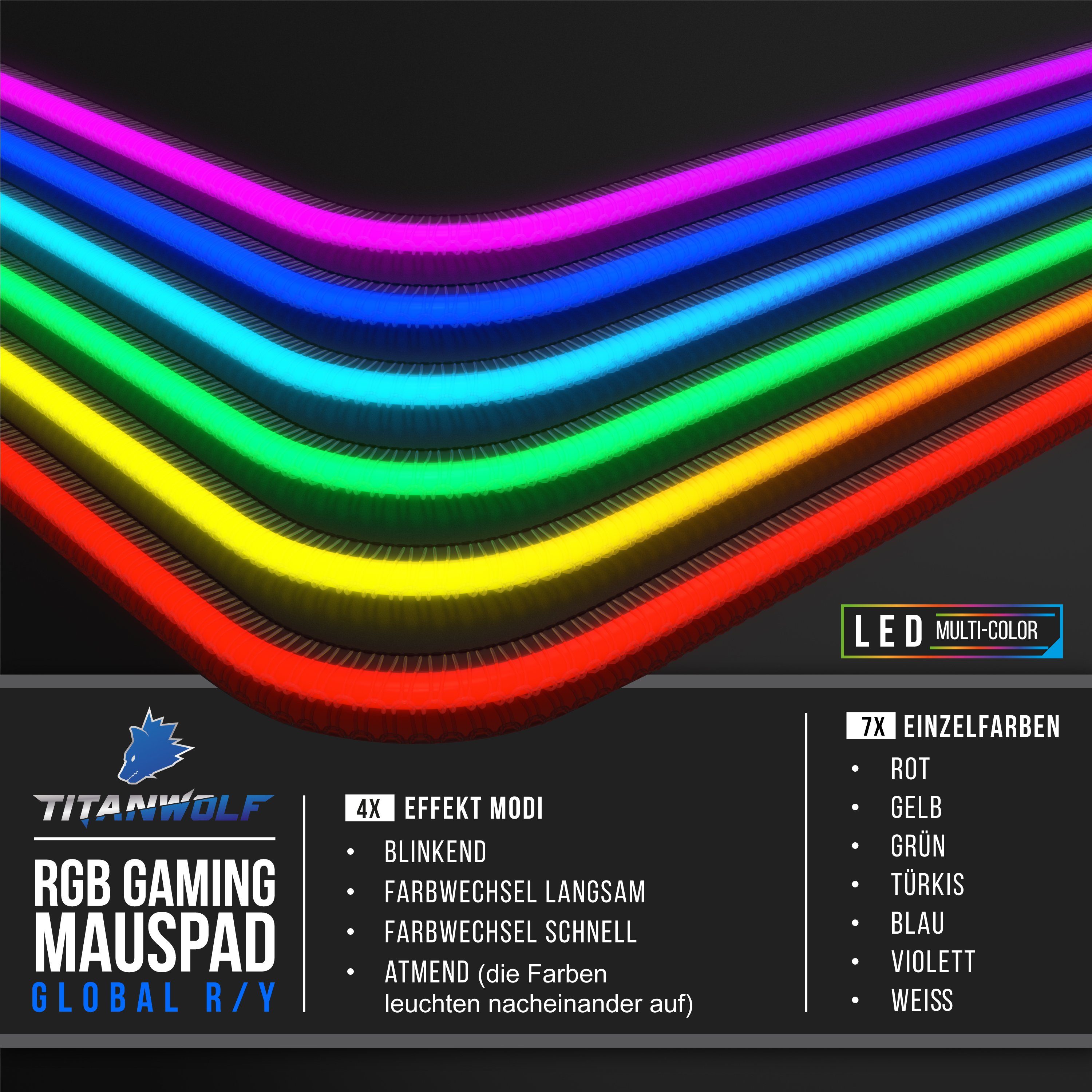 Titanwolf Gaming Mauspad RGB Mousepad 800 x 300 x 3 mm, LED Multi Color XL Tischunterlage, rutschfest, abwaschbar, Geschwindigkeit & Präzision, Weltkarte rot