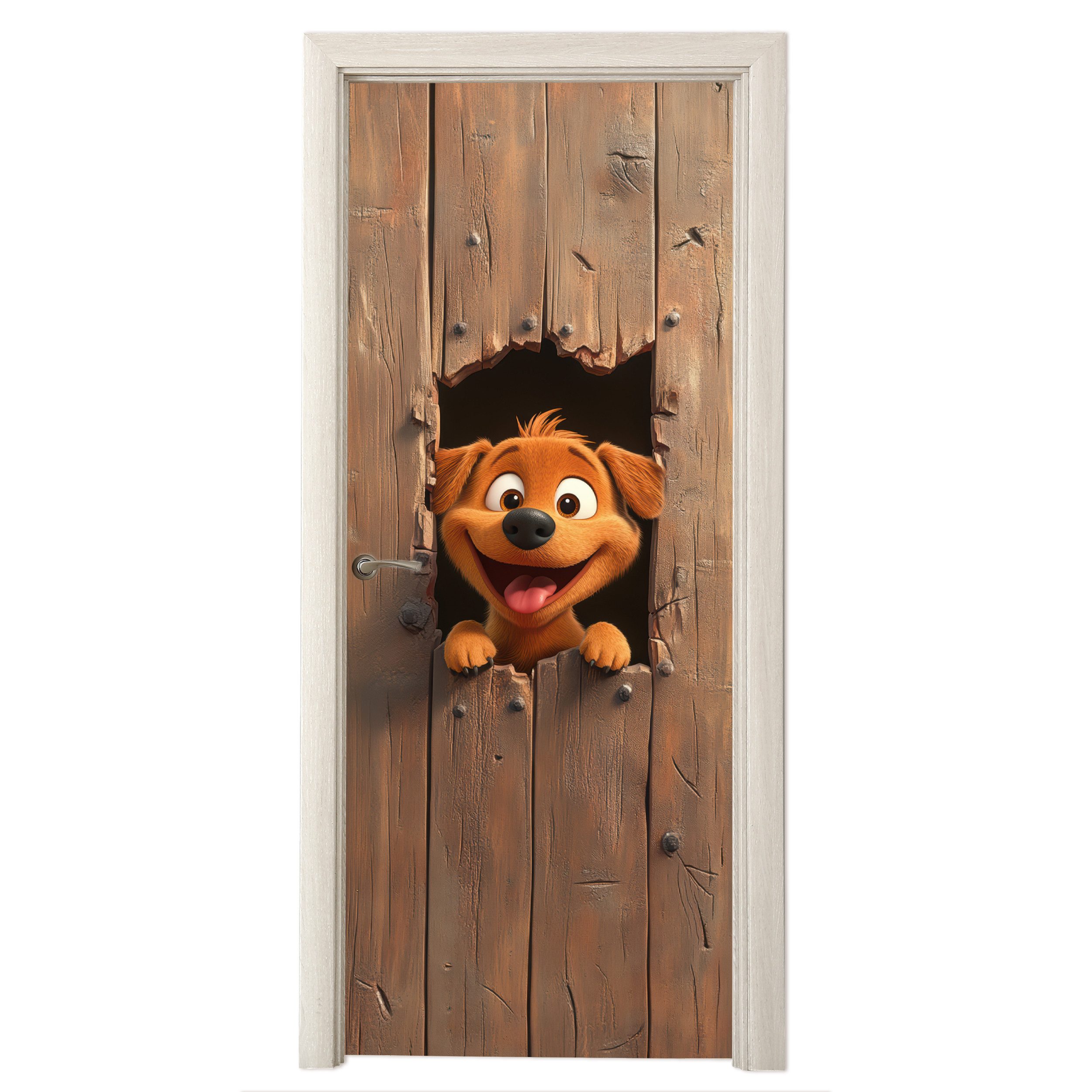 MuchoWow Türtapete Hund - Tiere - Animation - Holz - Modern, Matt, bedruckt, (1 St), Selbstklebende Tapete, Folie für Möbel, 70x215 cm