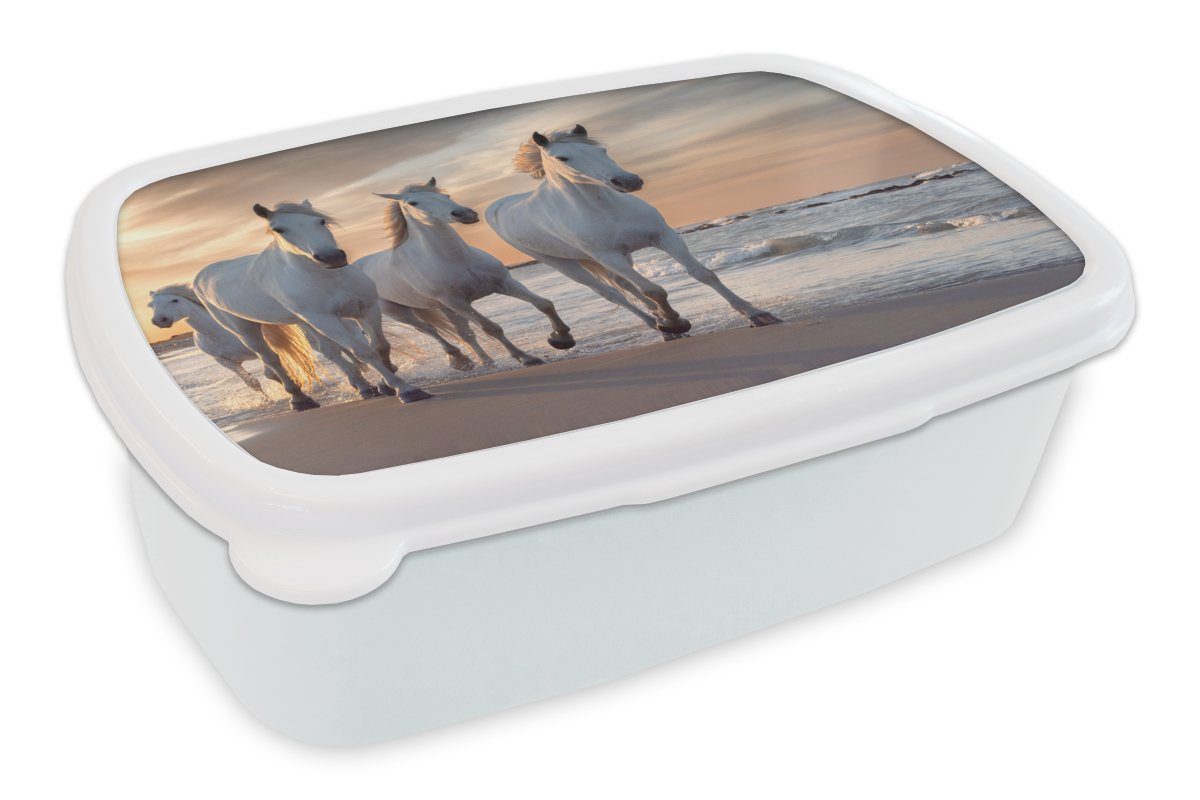MuchoWow Lunchbox Pferde - Sonne - Strand - Meer, Kunststoff, (2-tlg), Brotbox für Kinder und Erwachsene, Brotdose, für Jungs und Mädchen weiß