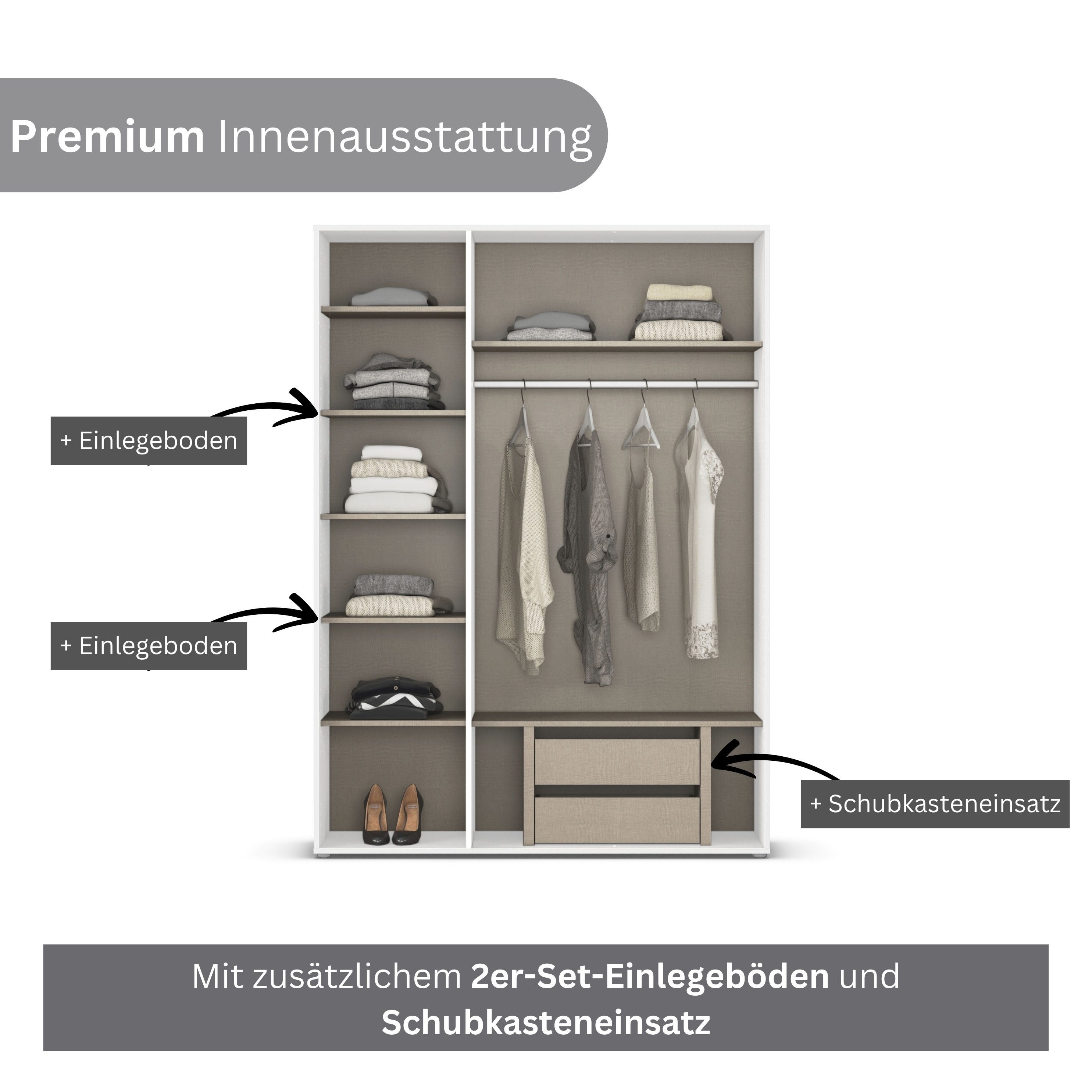 rauch Drehtürenschrank Kleiderschrank Schrank Garderobe Wäscheschrank NABILA viel Stauraum (in 3 verschiedenen Ausstattungen BASIC/CLASSIC/PREMIUM) in 2 Breiten – Bild 5 von 5