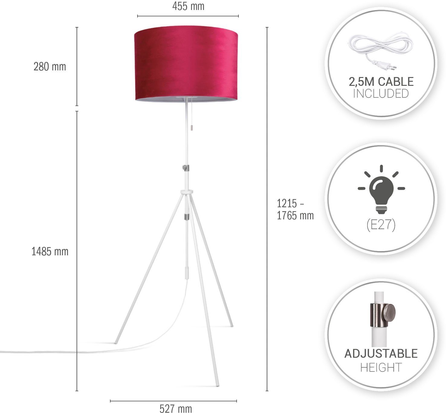 Paco Home Stehlampe Naomi uni Color, Wohnzimmer Höhenverstellbar Velour Zugschalter cm bis Leuchtmittel, 121,5 ohne 176,5