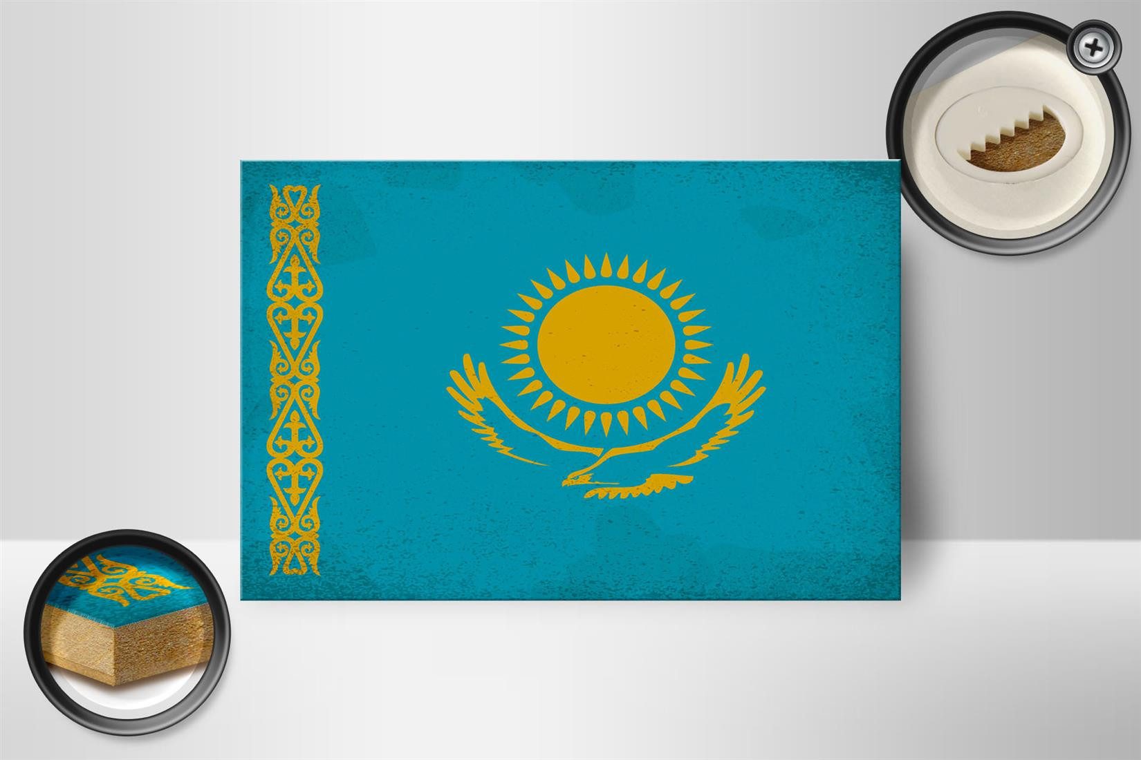 Femer GmbH Holzbild Flagge Kasachstan 18x12 cm Kazakhstan Vintage, Flaggen (1 St), Glatte Holzfaserplatte (MDF), vorn beschichtet