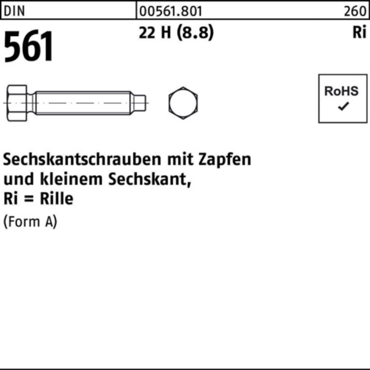 Reyher Sechskantschraube 100er AM 8x 16 H 22 Pack (8.8) Sechskantschraube DIN St 561 Zapfen 100