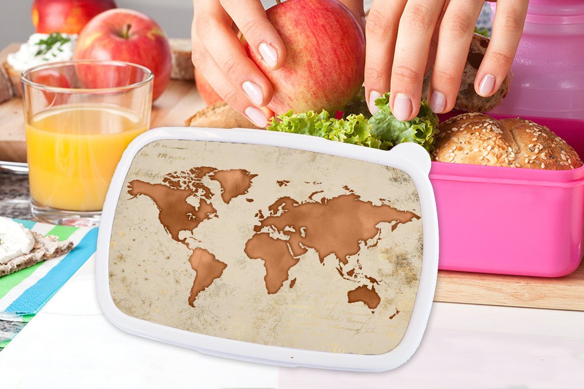 MuchoWow Lunchbox Weltkarte - rosa Brotdose - Mädchen, (2-tlg), Kunststoff Kupfer, Brotbox Kinder, Kunststoff, Papyrus Erwachsene, Snackbox, für