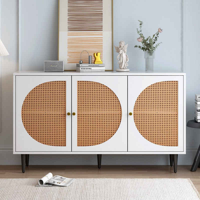 Ulife Sideboard im Vintage-Stil mit 6 Fächern Rattan Highboard mit Metallgriffe, 129,8x 40x 76cm