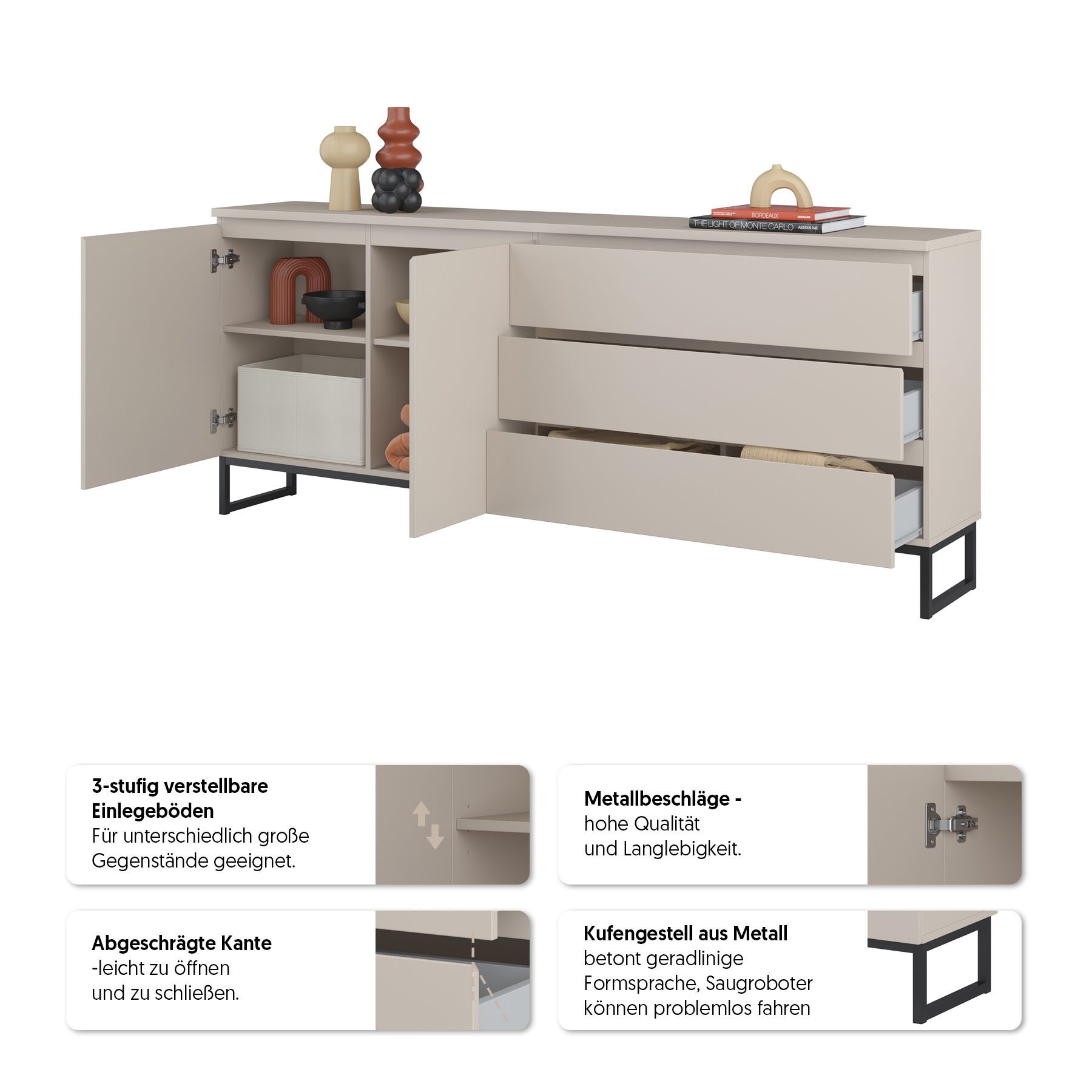 OTTO home Sideboard Modo II, Breite 200 cm, moderne grifflose Kommode 2Türen/3 SK, Schubladenkommode viel Stauraum, Einlegeböden verstellbar, Metallkufen