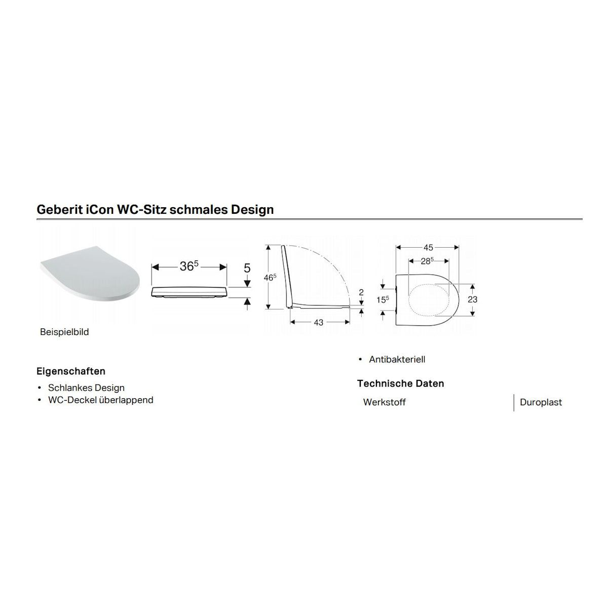 GEBERIT WC-Sitz iCon WC-Sitz, antibakteriell, mit Absenkautomatik, weiß 500.835.01.1