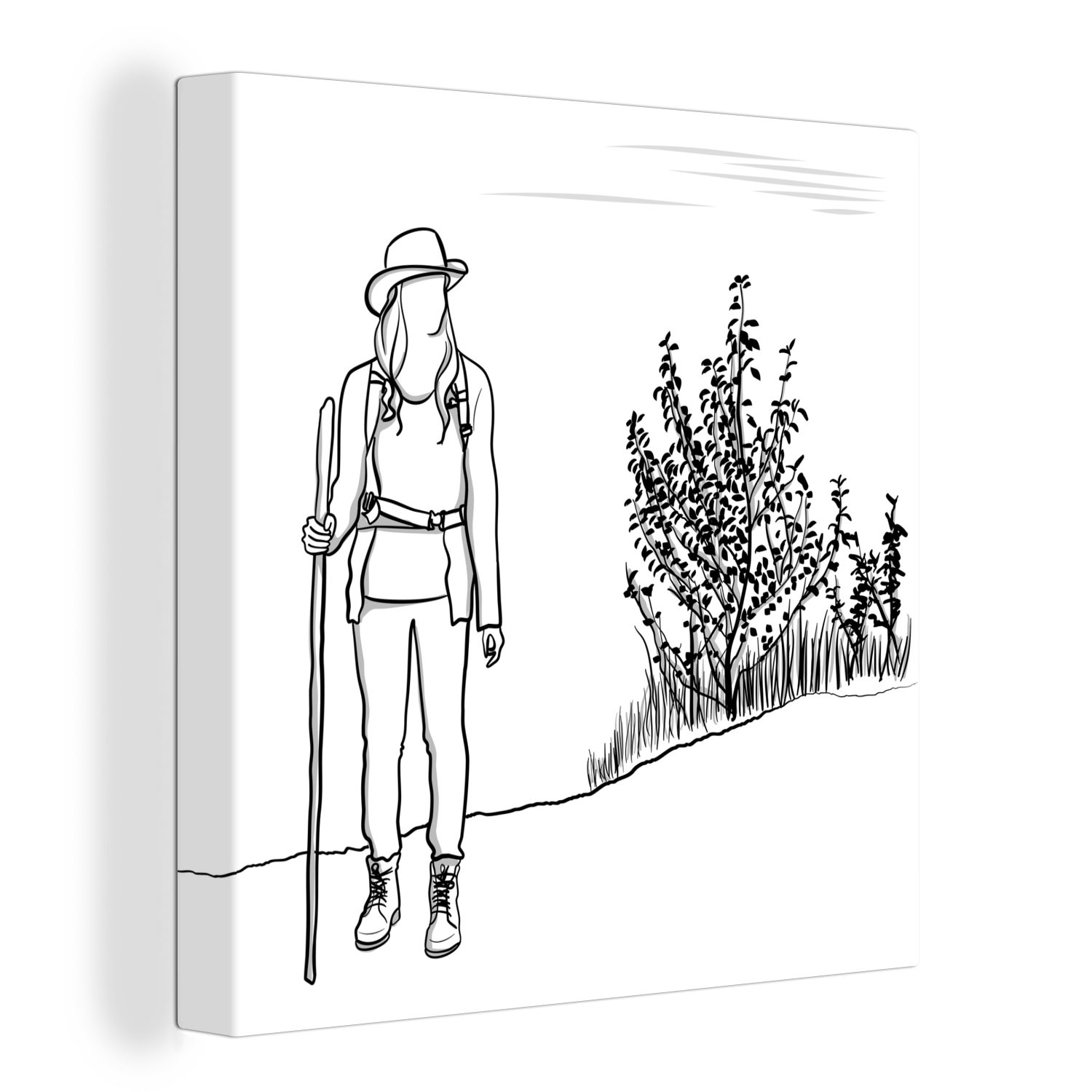 OneMillionCanvasses® Leinwandbild Illustration einer jungen Frau beim Wandern, (1 St), Leinwand Bilder für Wohnzimmer Schlafzimmer