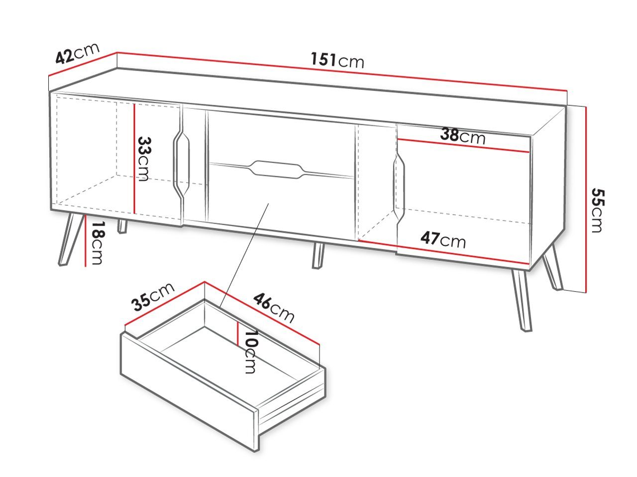 Mirjan24 TV-Schrank Dazel 2D2S (mit und Metallfüße, 2-Drehtüren Ohne 2-Schubladen) Griffe