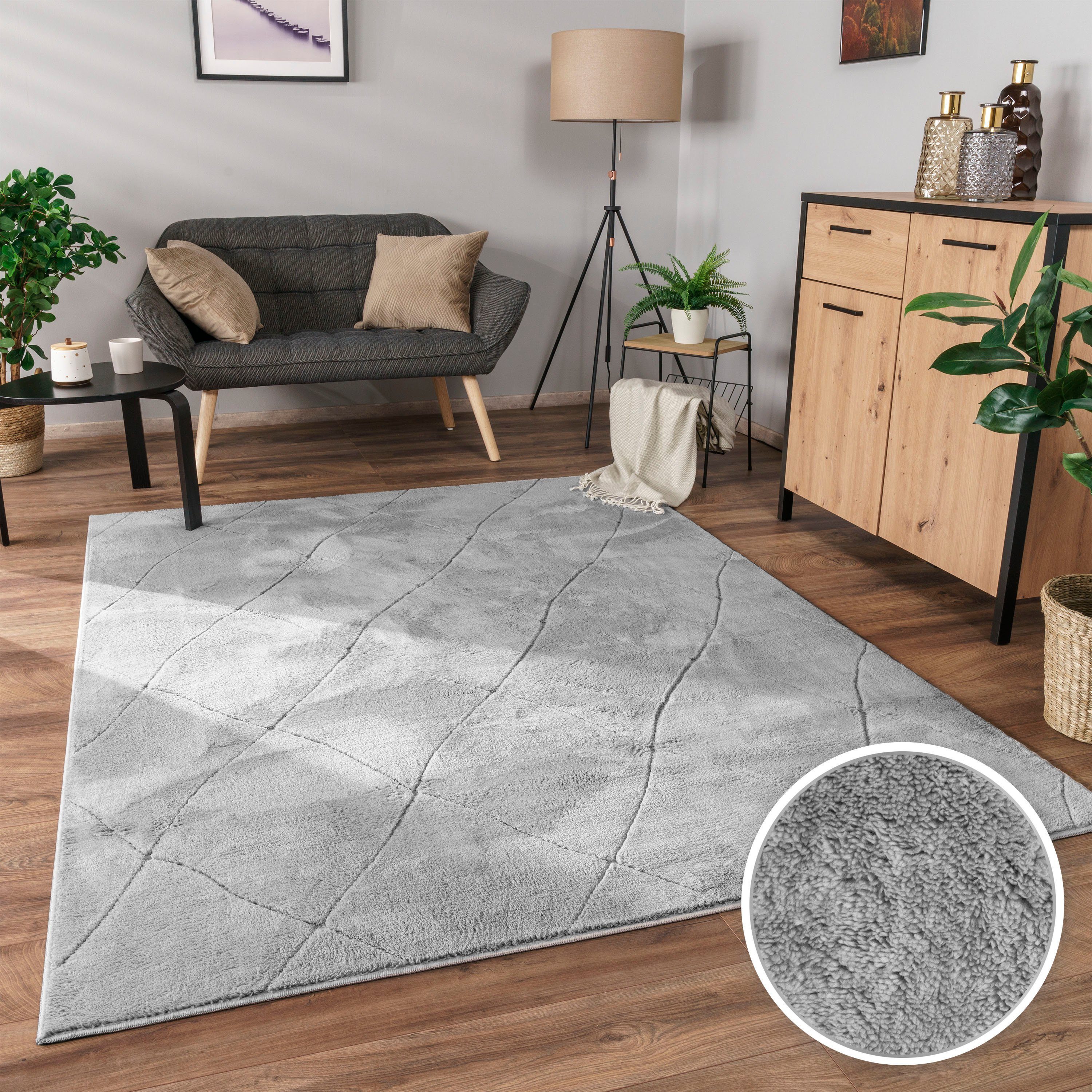 Paco Home Teppich Utrecht 641, rechteckig, Höhe: 4 mm, Kurzflor, Uni Farben, 3D-Design, Rauten Muster, besonders weich